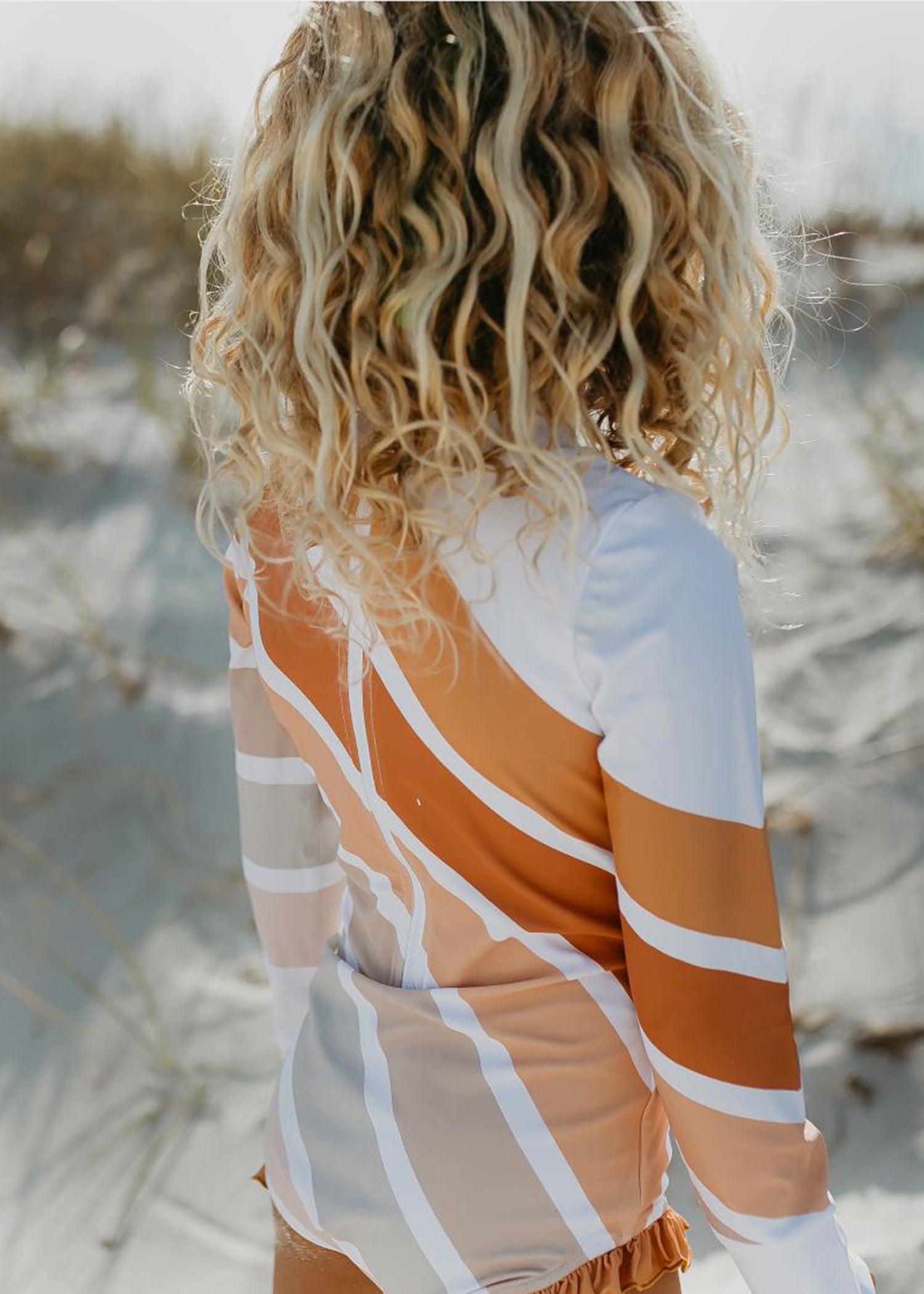 Beige Stripe Rainbow Zip Rash Guard Swimsuit