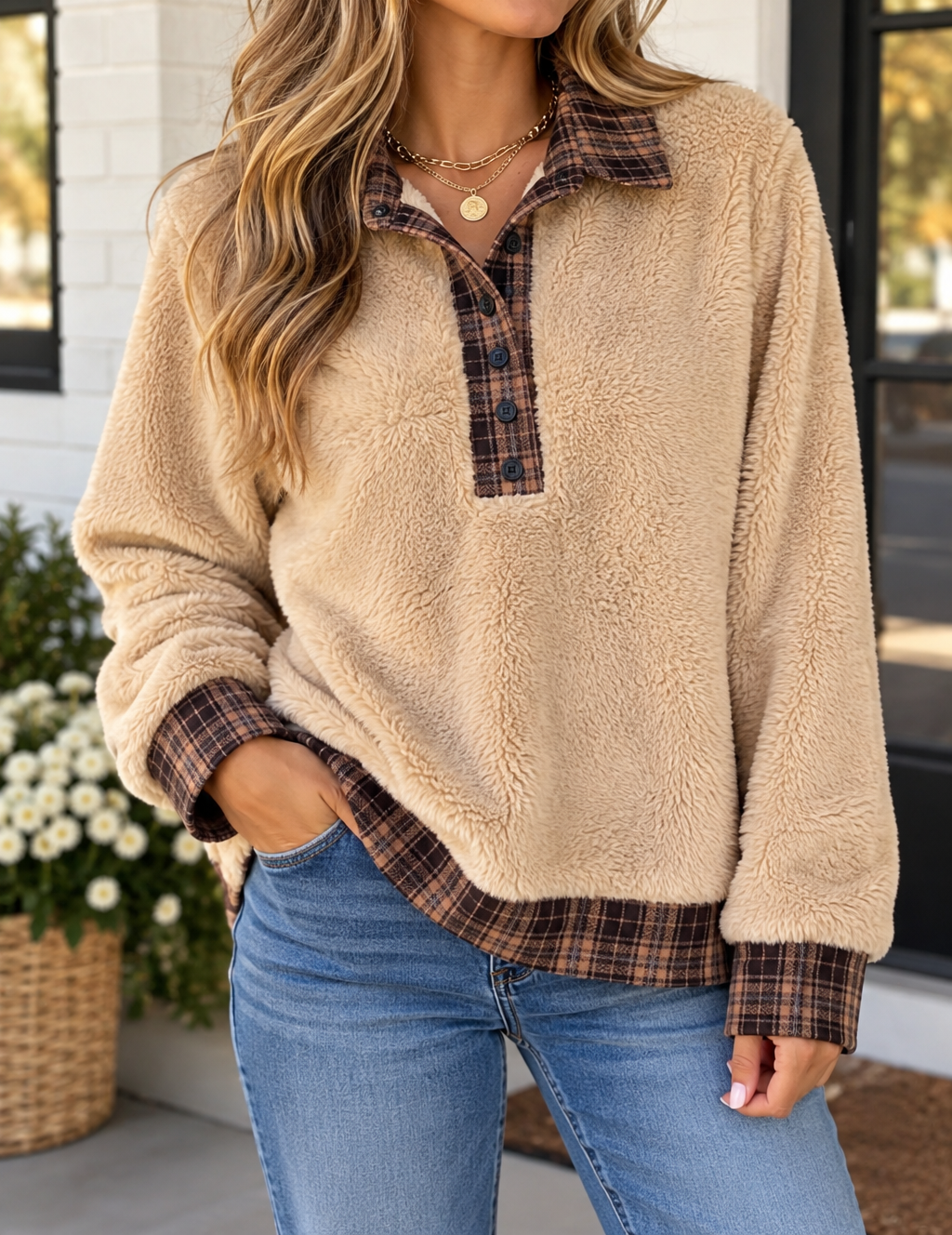 Beige Plaid Collar Pullover WTW