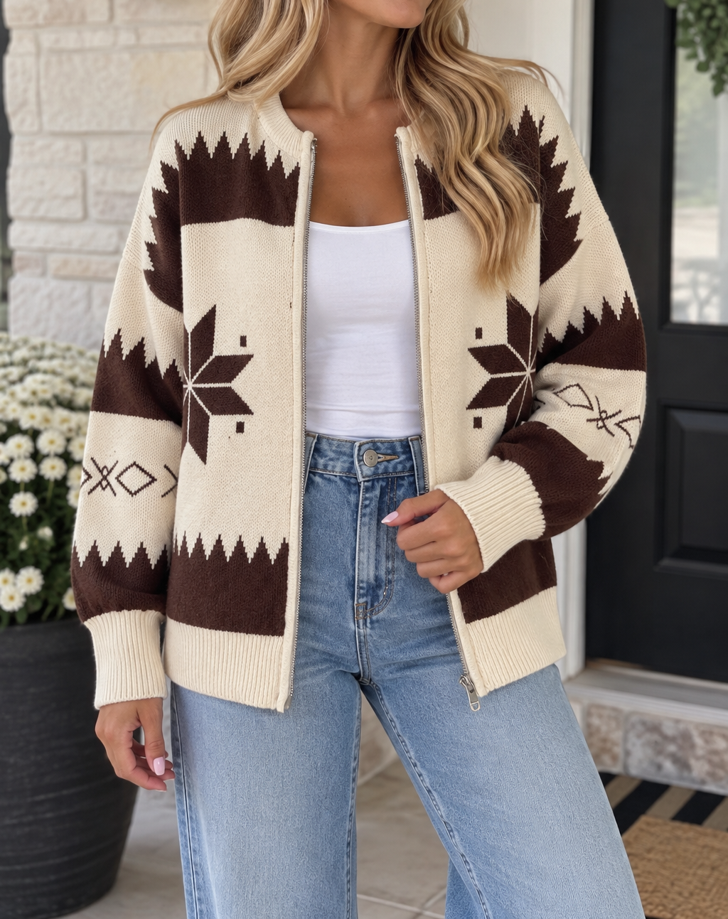 Beige Western Geometric Cardigan WTW