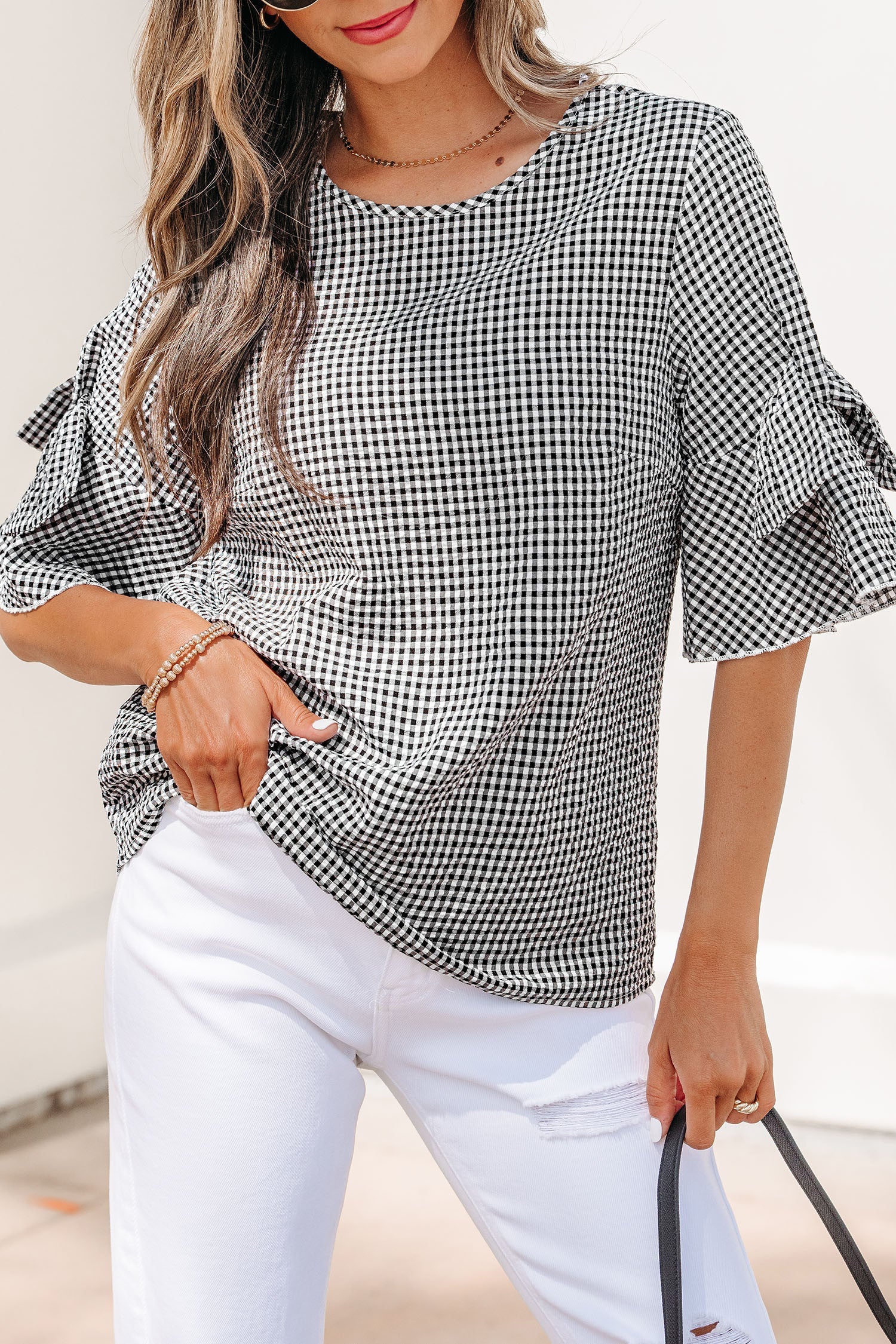 Black Plaid Bow Ruffled Blouse WTW