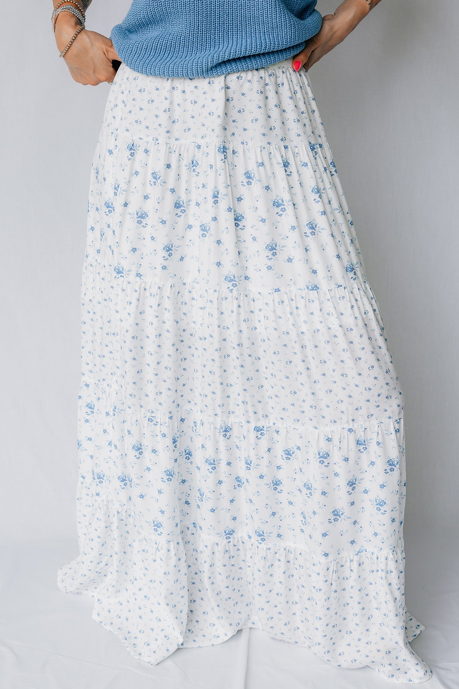 Blue Waist Floral Boho Skirt WTW