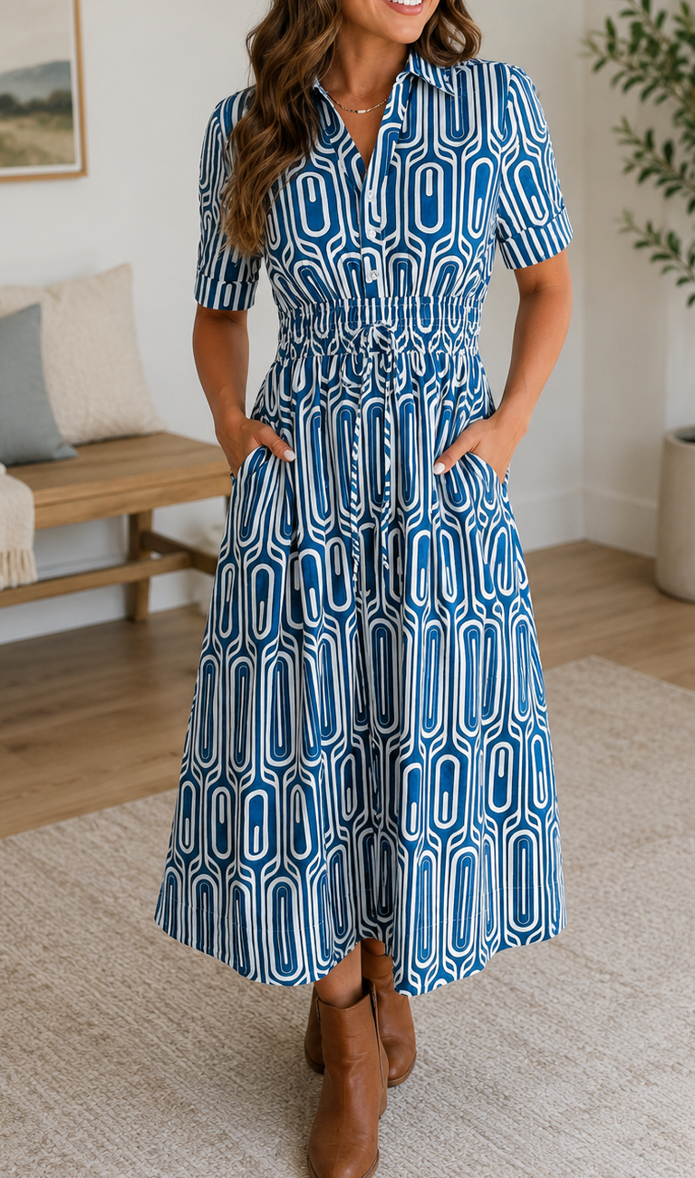 Blue Geometric Drawstring Dress WTW