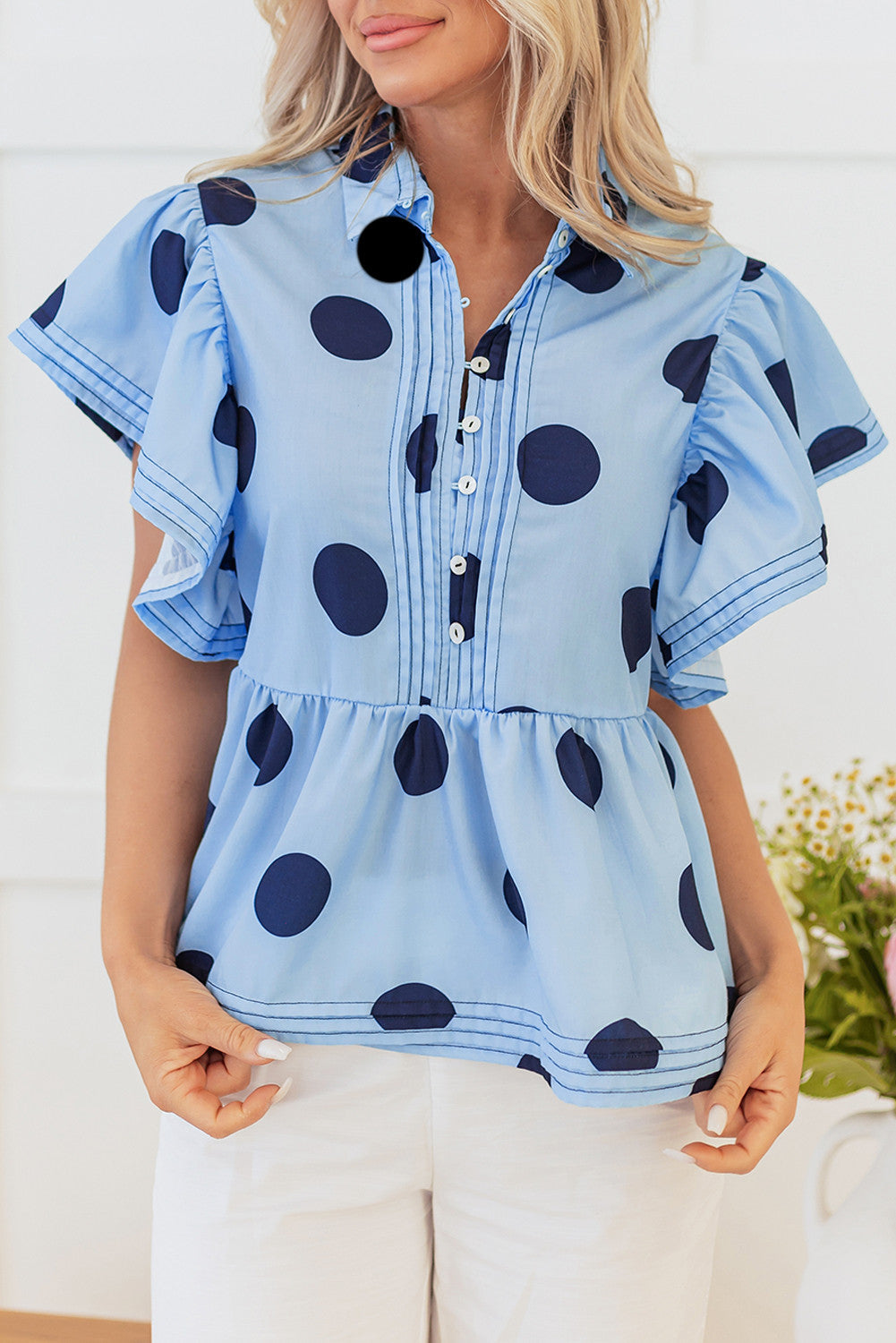 Blue Polka Dot Ruffled Blouse WTW