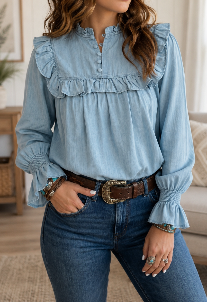 Blue Western Ruffle Blouse WTW