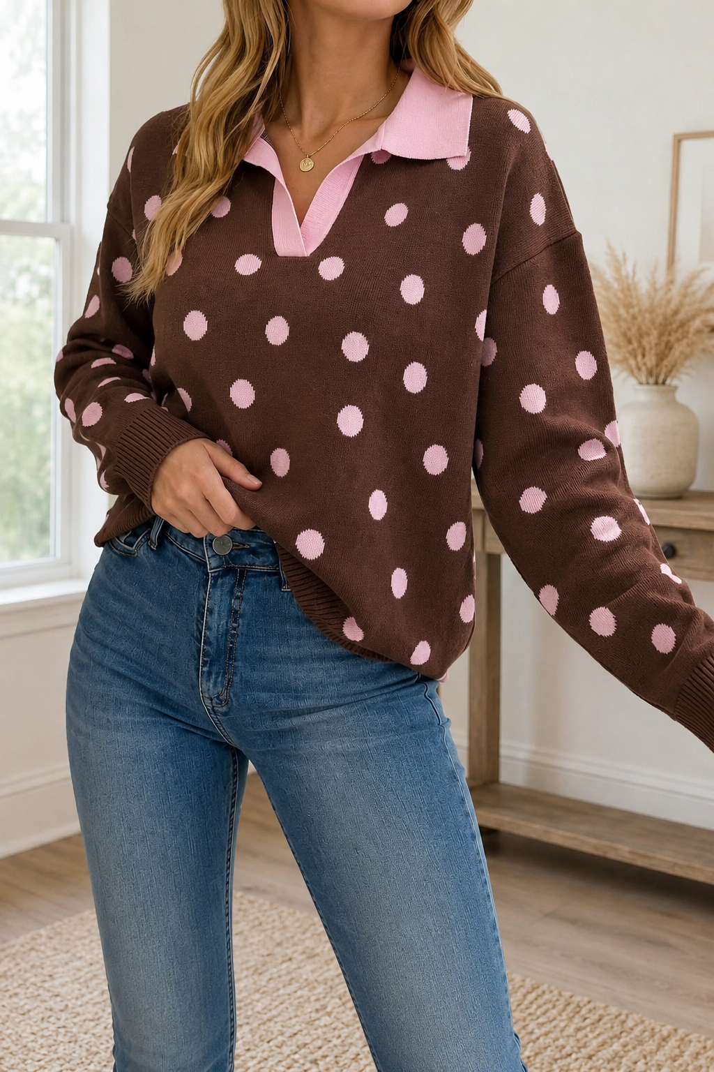 Brown Pink Polka Dot Sweater WTW
