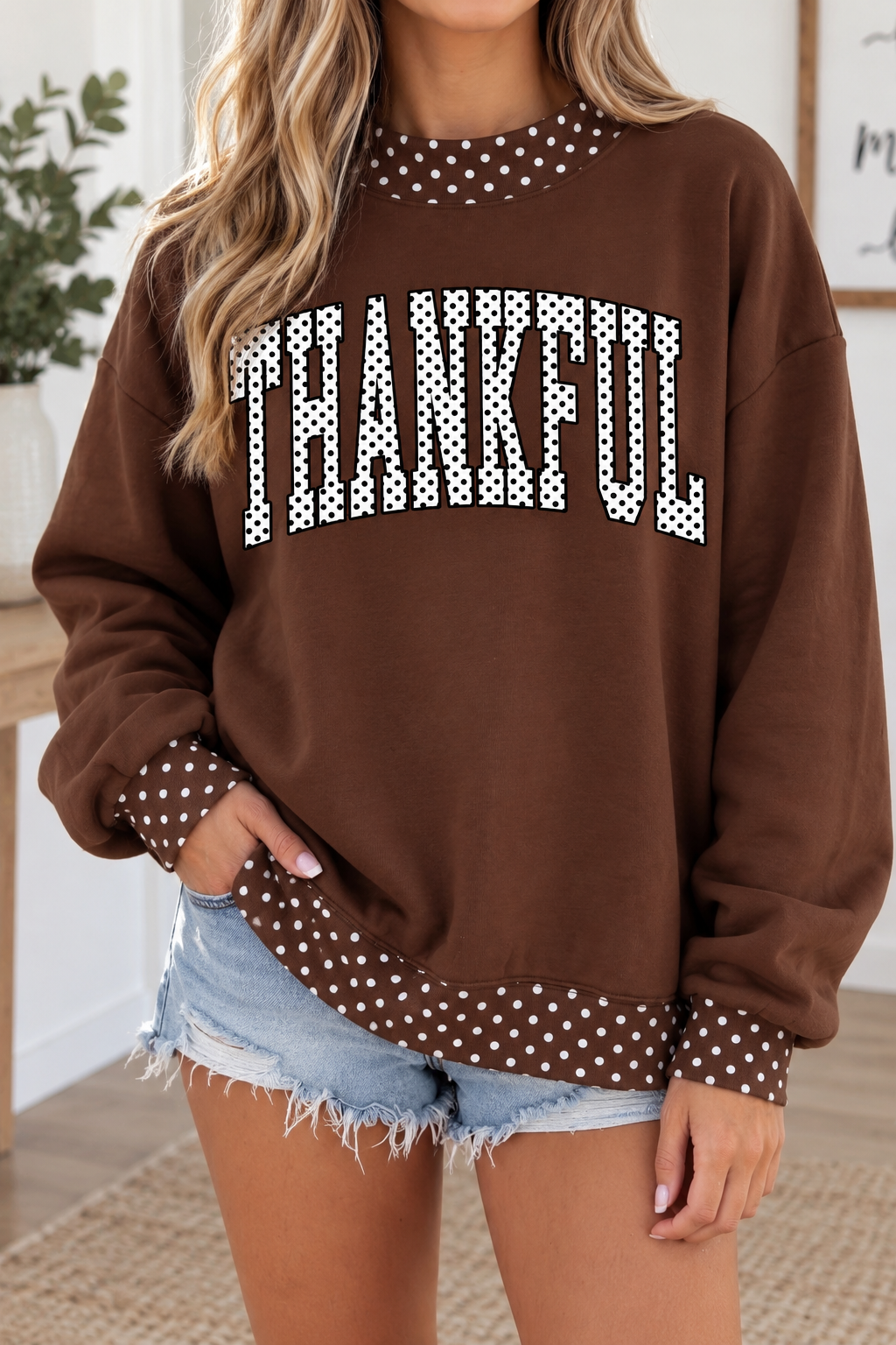 Brown Polka Dot Thankful Sweatshirt WTW