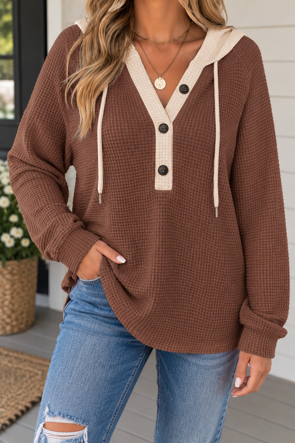 Waffle Buttoned Pullover Top WTW