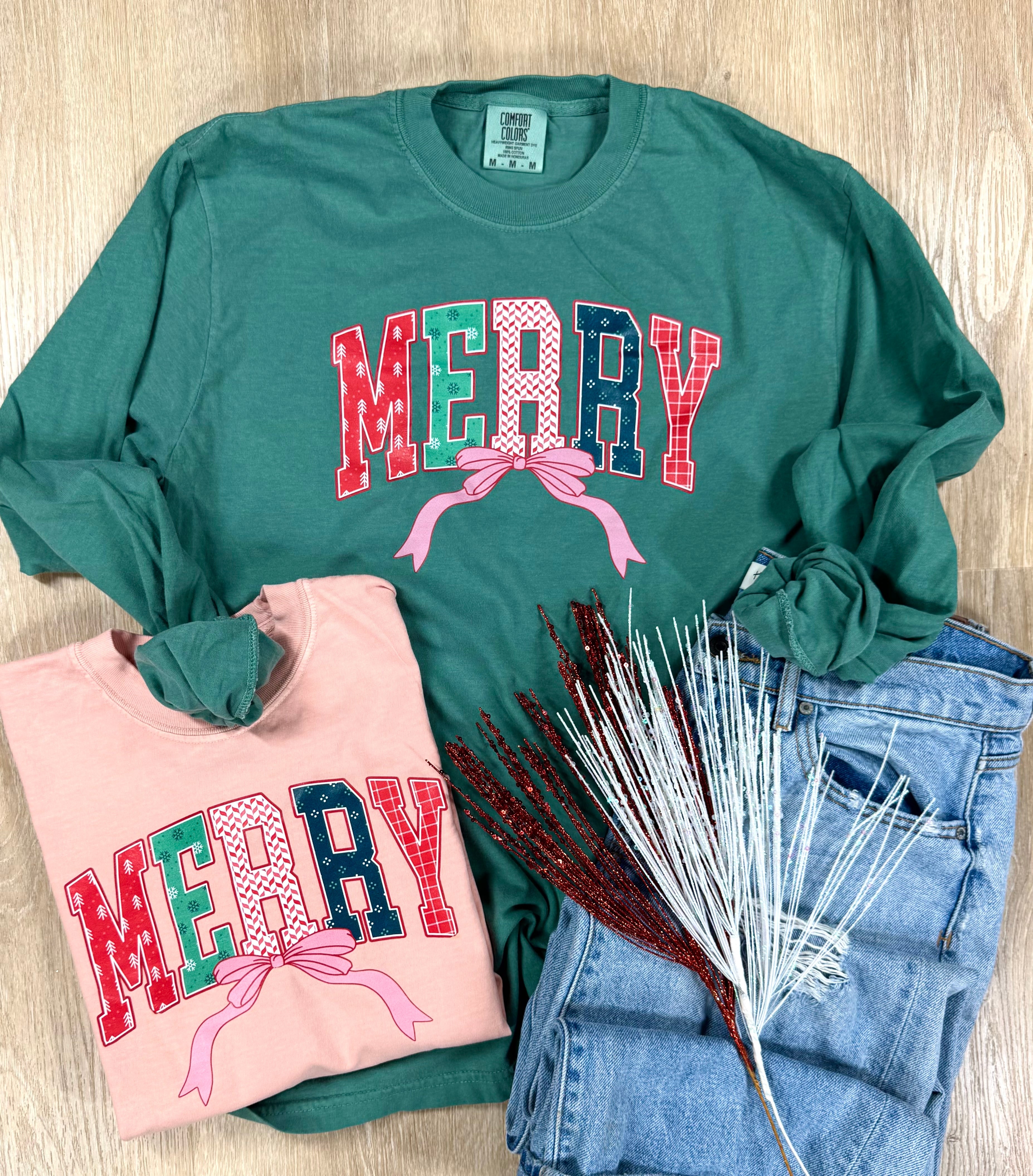 Merry Patterned Bow Short or Long Sleeve Graphic Tees