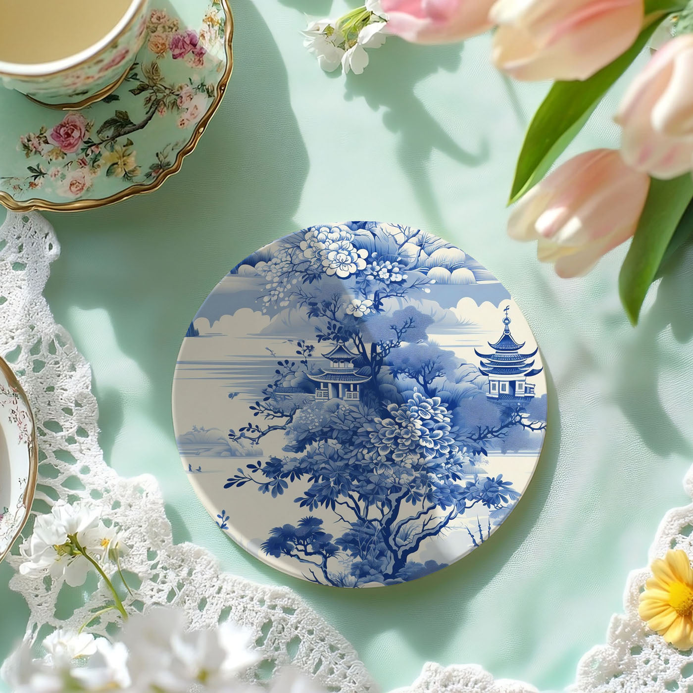 Luxury Chinoiserie coaster set with floral and scenic designs
Premium ceramic coasters featuring classic blue and white patterns
Blue and white peony floral Chinoiserie coaster with cork back
Traditional ginger jar design on ceramic drink coaster