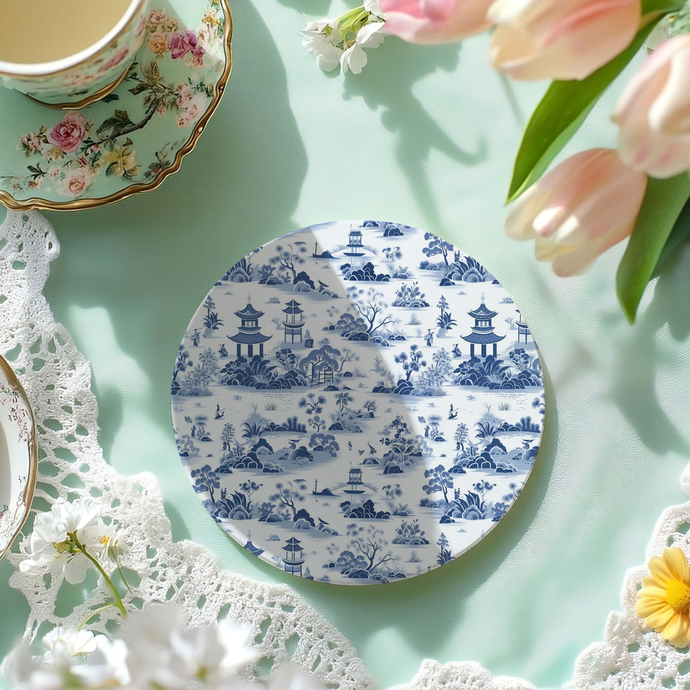 Coastal grandmother decor with Chinoiserie coasters
Modern farmhouse styling with blue and white coasters