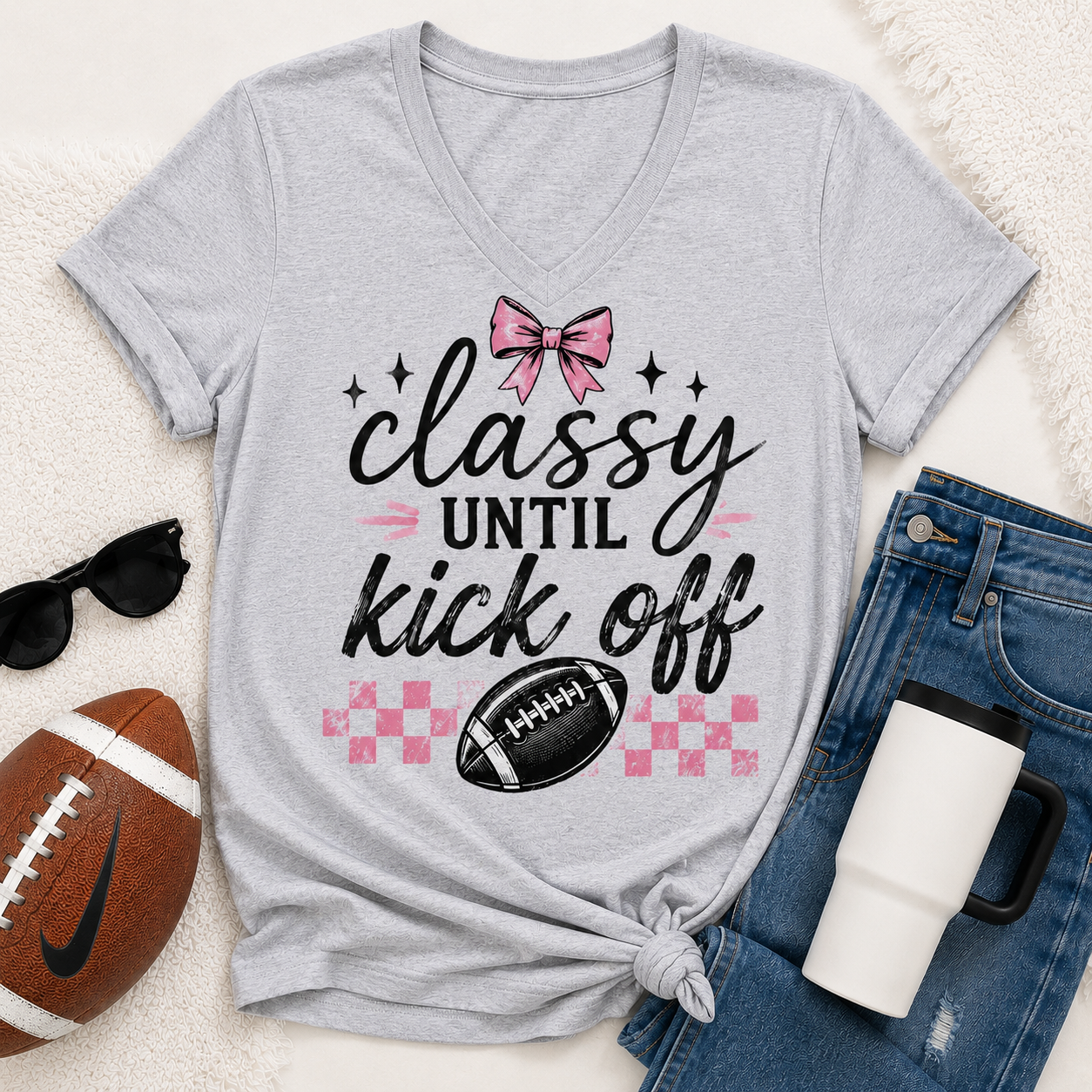 Classy Until Kick Off graphic V-neck tee with pink and black football game day design