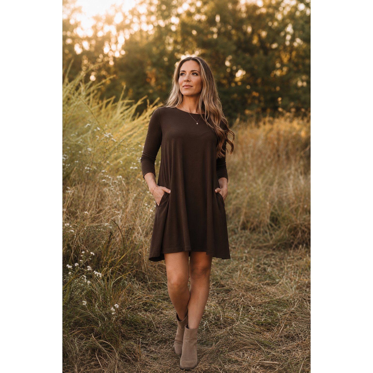 Ready to Ship  | The Ivy - Brown Swing Dress with 3/4 Sleeves