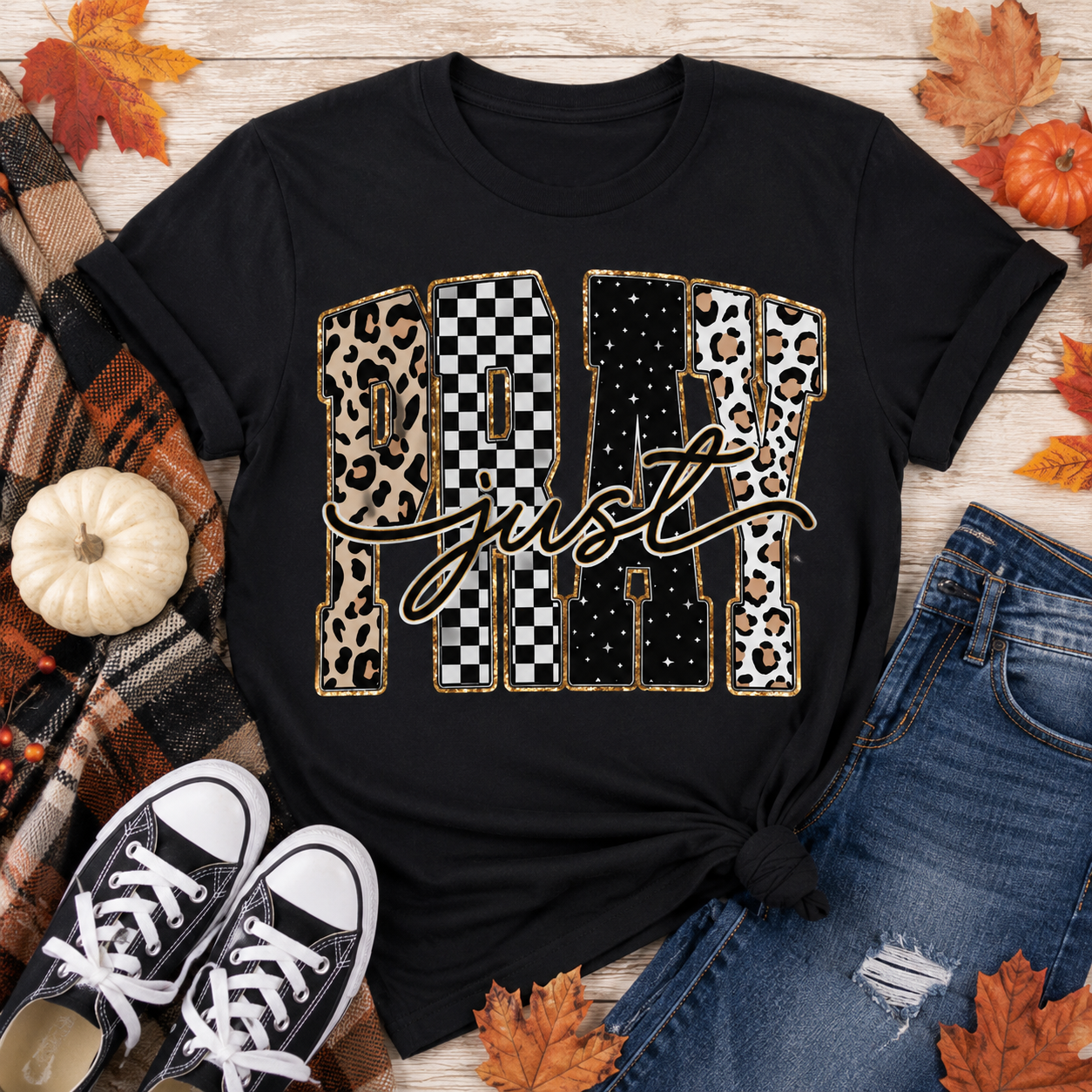 Julia Rose JUST PRAY apparel featuring leopard print, checkerboard and dotted lettering with gold-toned details.