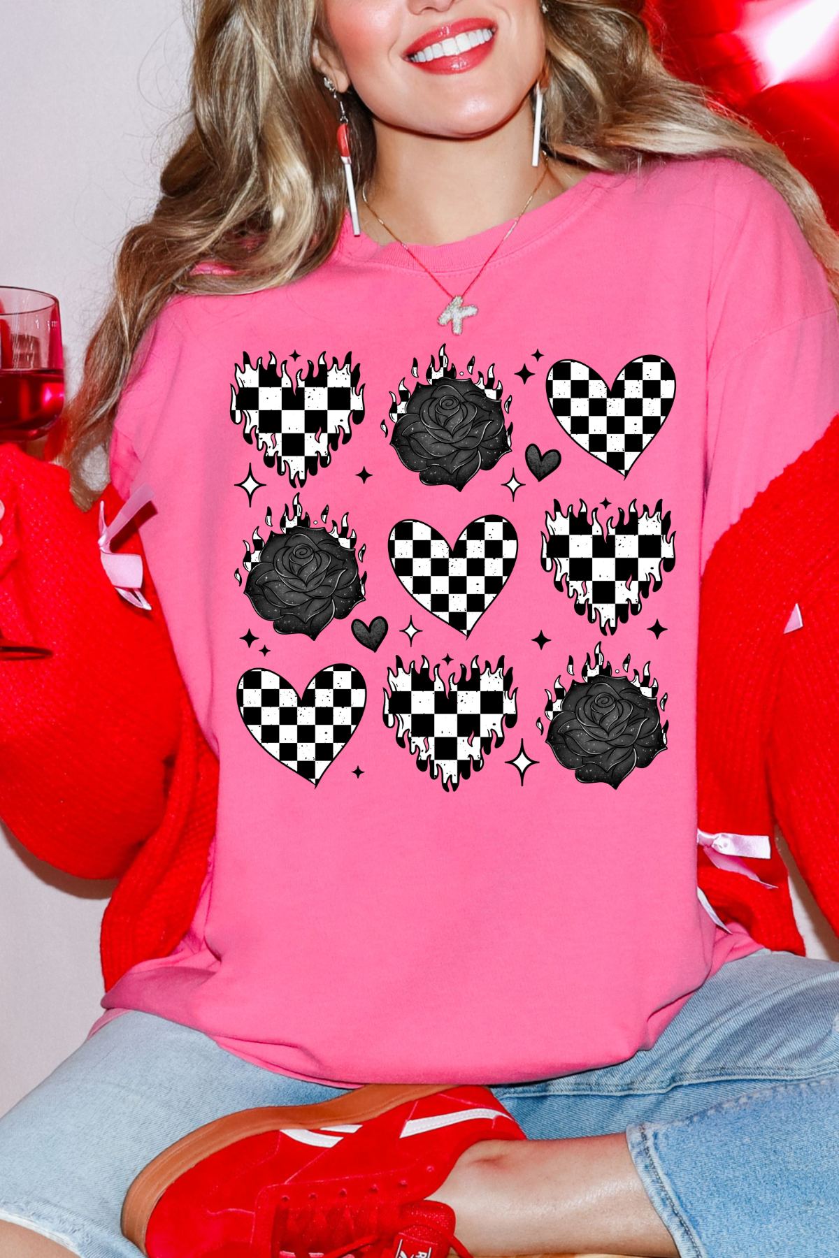 Checkerboard Hearts & Roses Tee