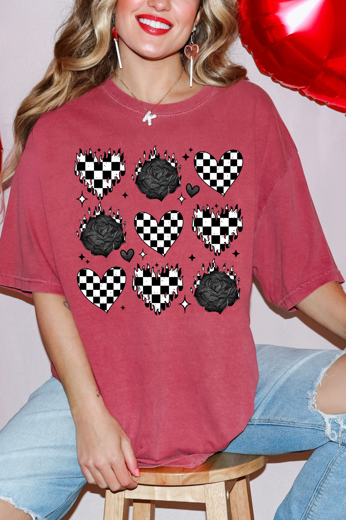 Checkerboard Hearts & Roses Tee