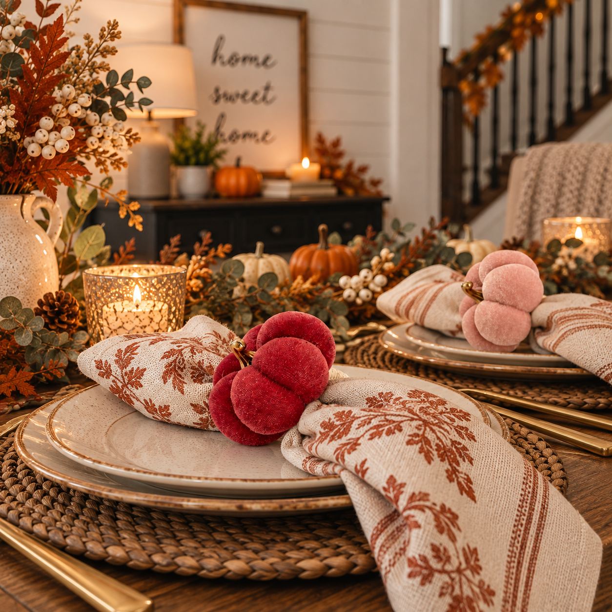 Pumpkin napkin rings for seasonal entertaining
Cozy fall dining table decor
Unique Thanksgiving napkin rings