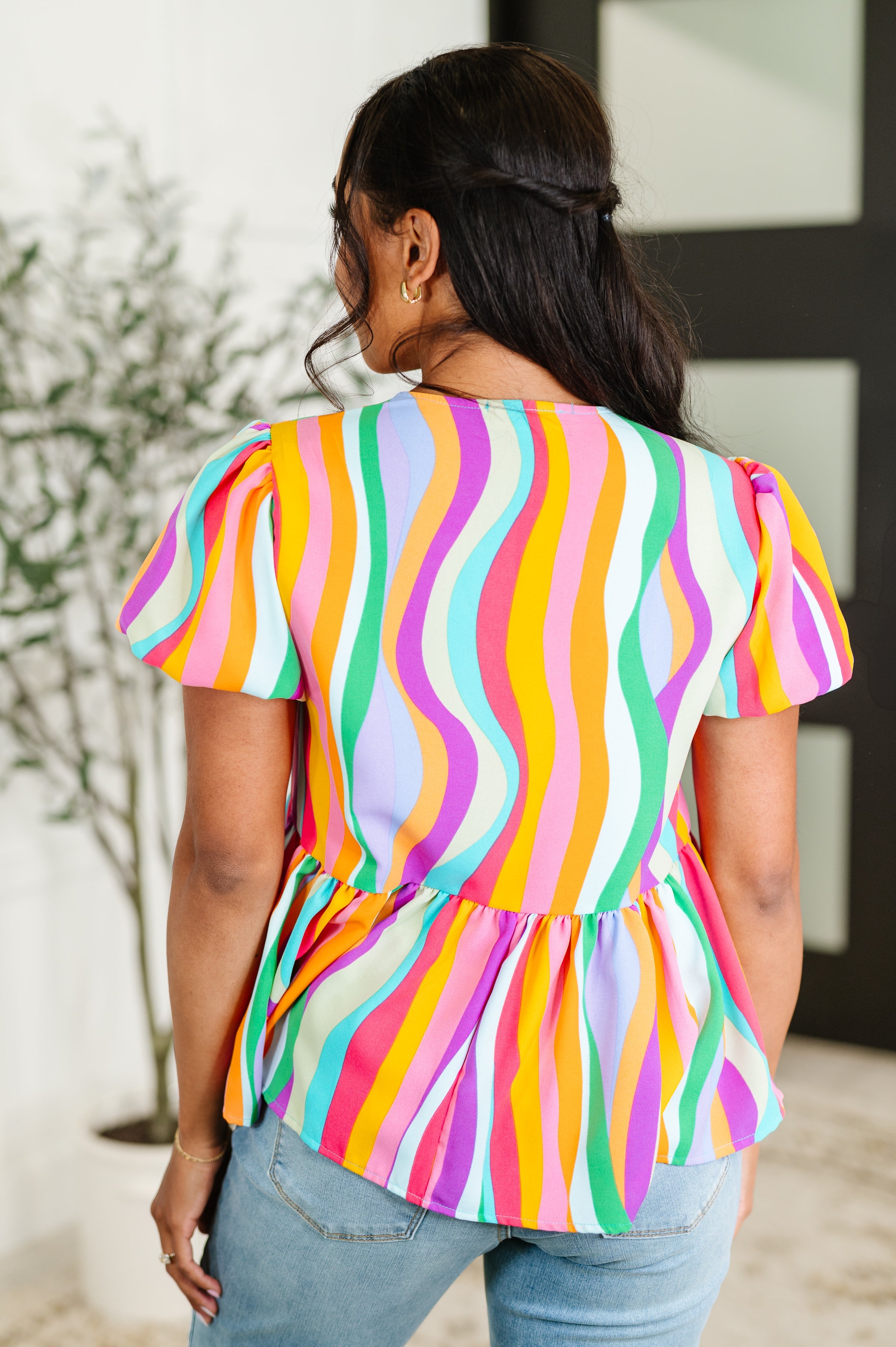 Chromatide Puff Sleeve Blouse in Mint/Orange