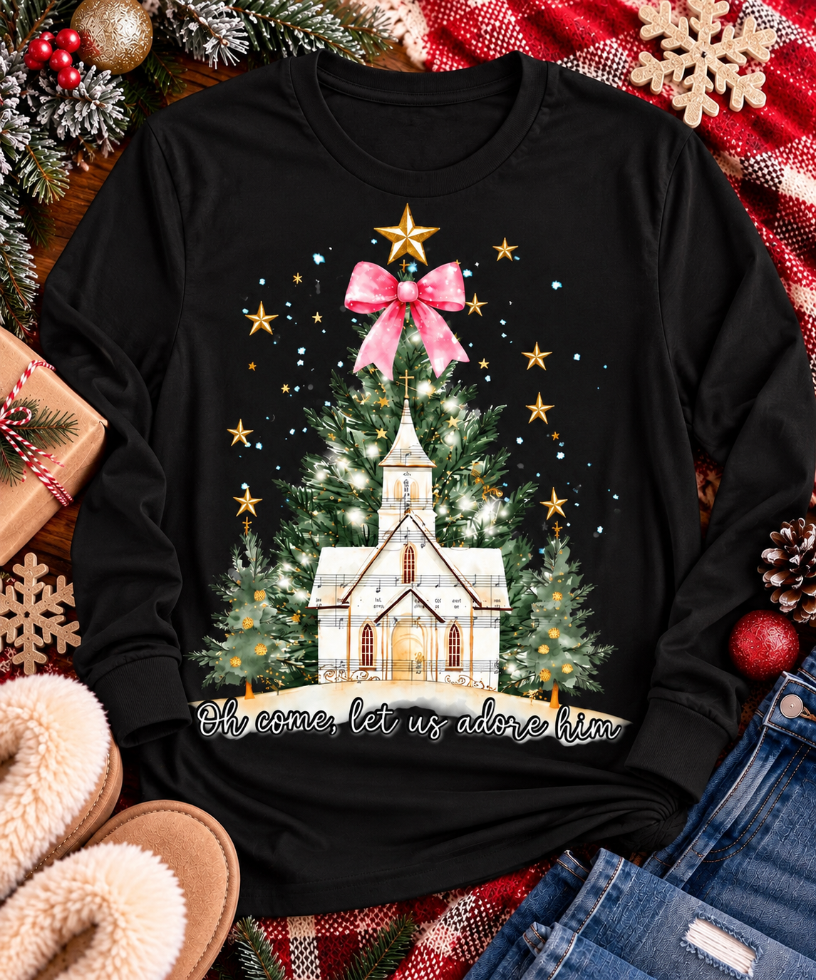 Oh Come Let Us Adore Him Christian Christmas graphic apparel with church, Christmas trees, stars and pink bow