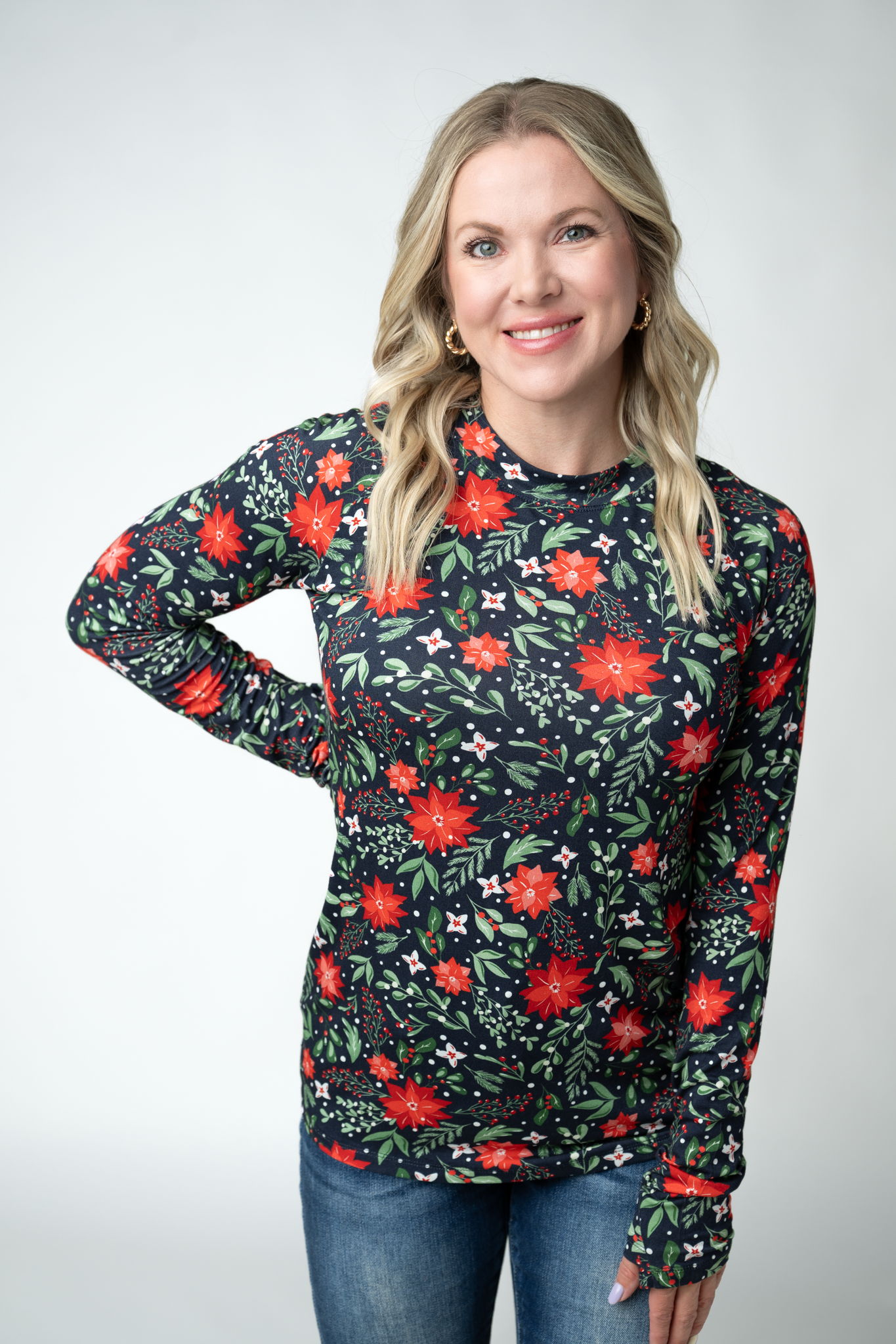 Blair Long Sleeve Top - Poinsettia Nights