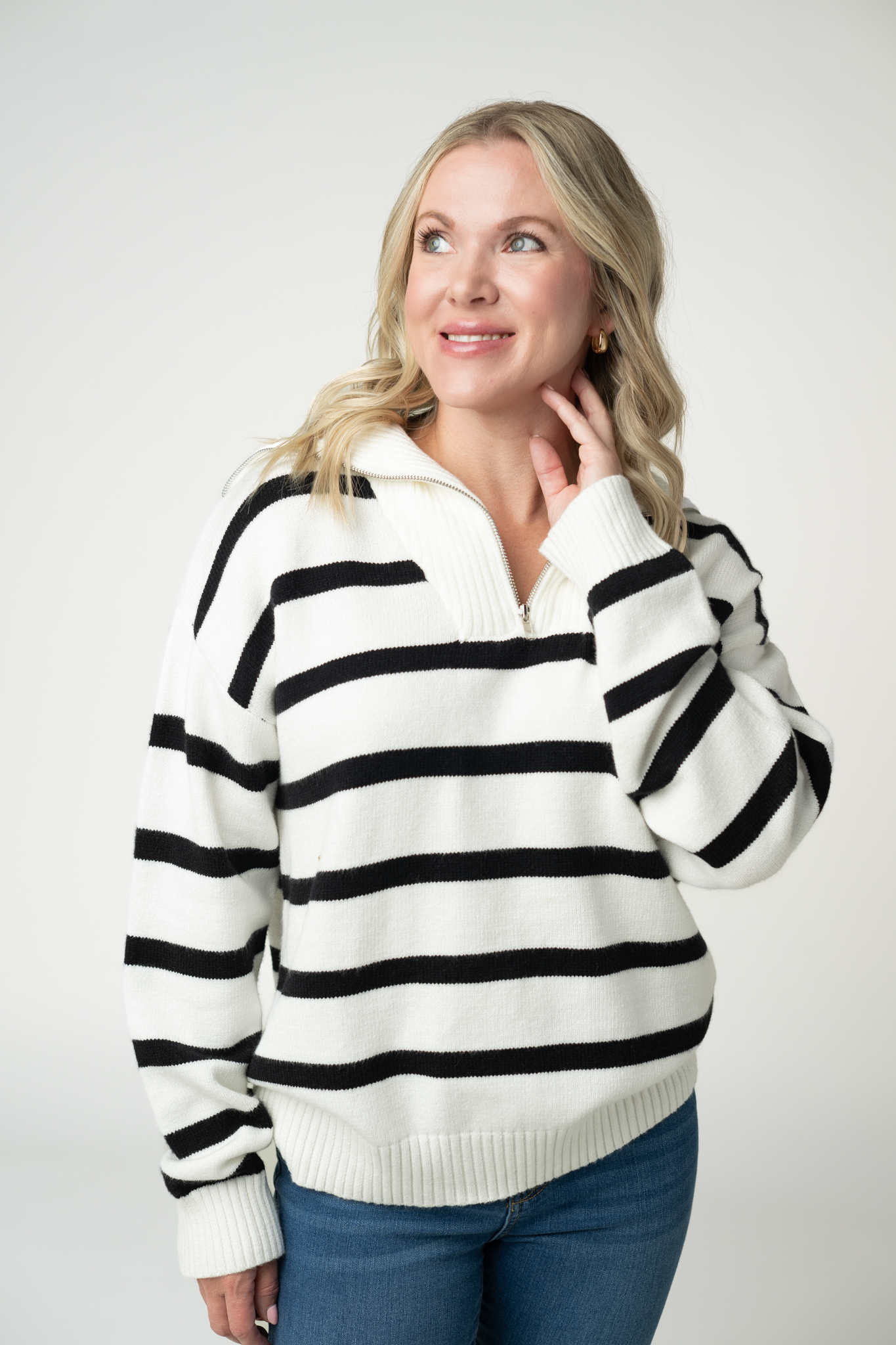 Quarter Zip Striped Pullover - Black and White