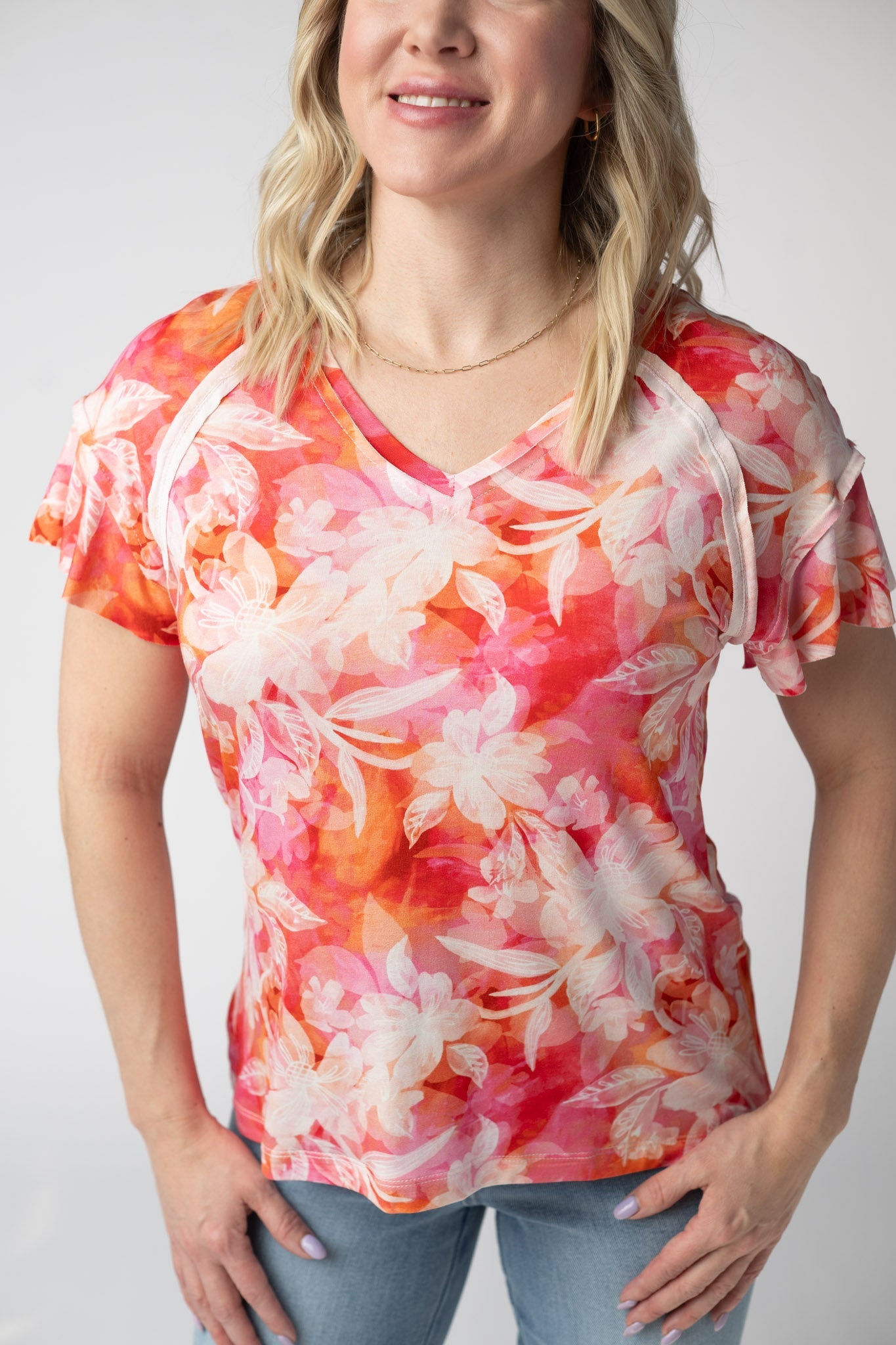Raelynn V-Neck Top - Sunset Tropical Floral