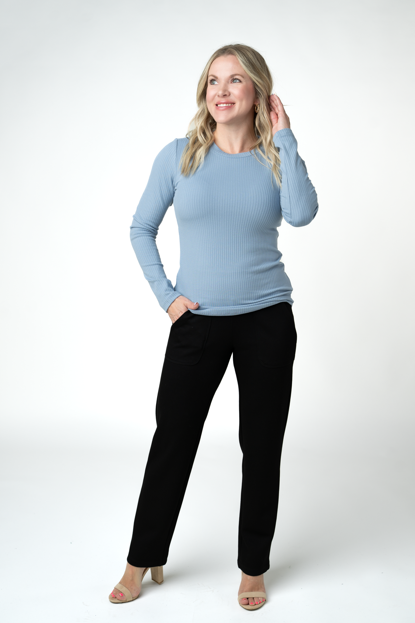 Reese Ribbed Long Sleeve Top - Dusty Blue
