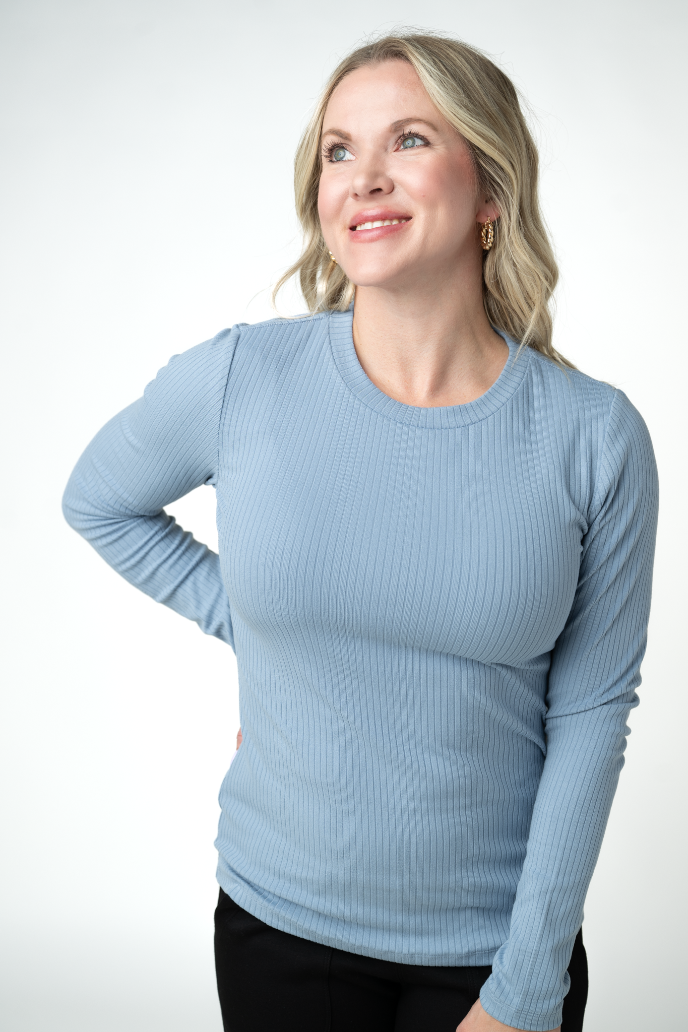 Reese Ribbed Long Sleeve Top - Dusty Blue