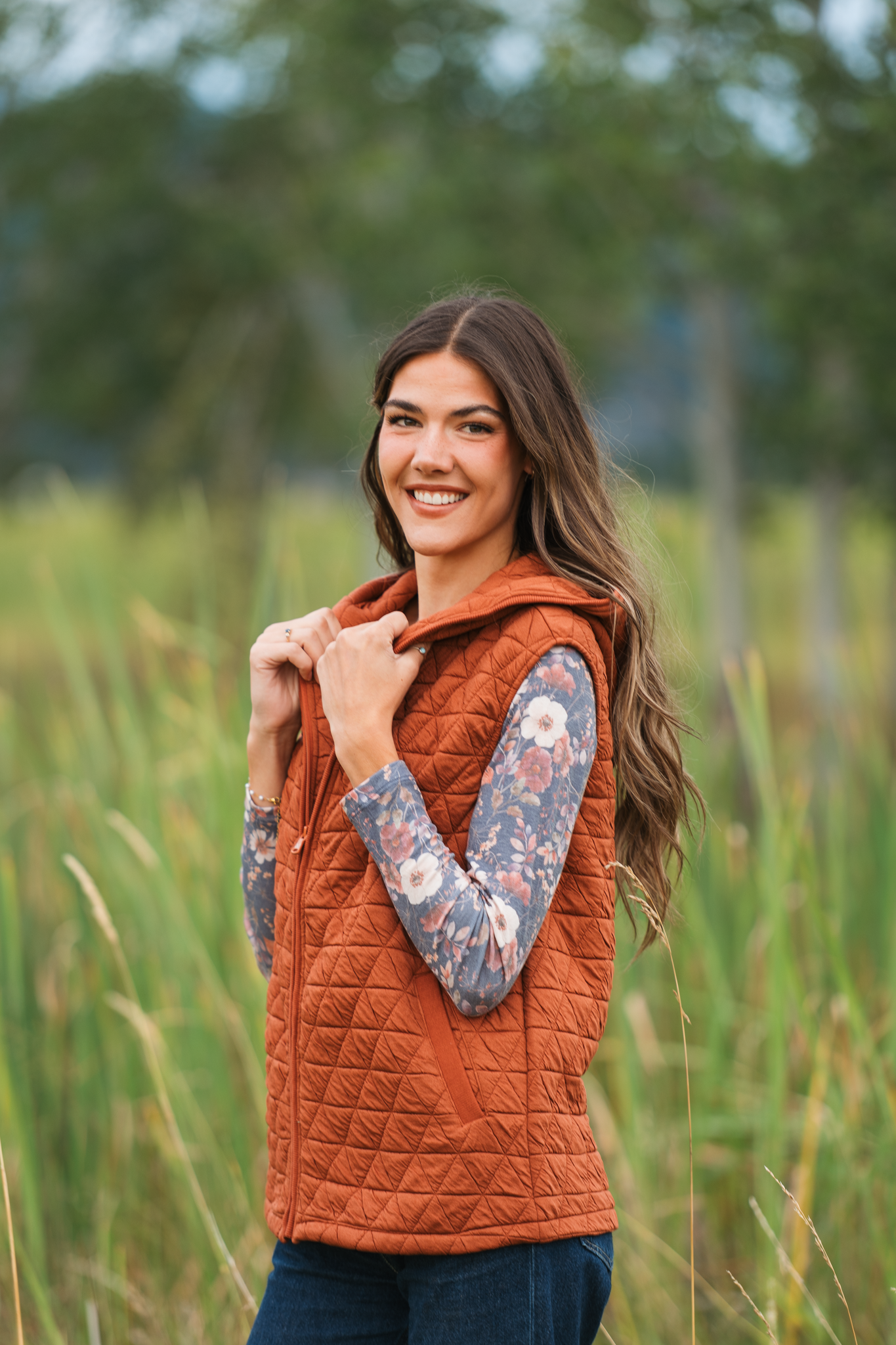 Heather Geometric Hooded Vest - Rust