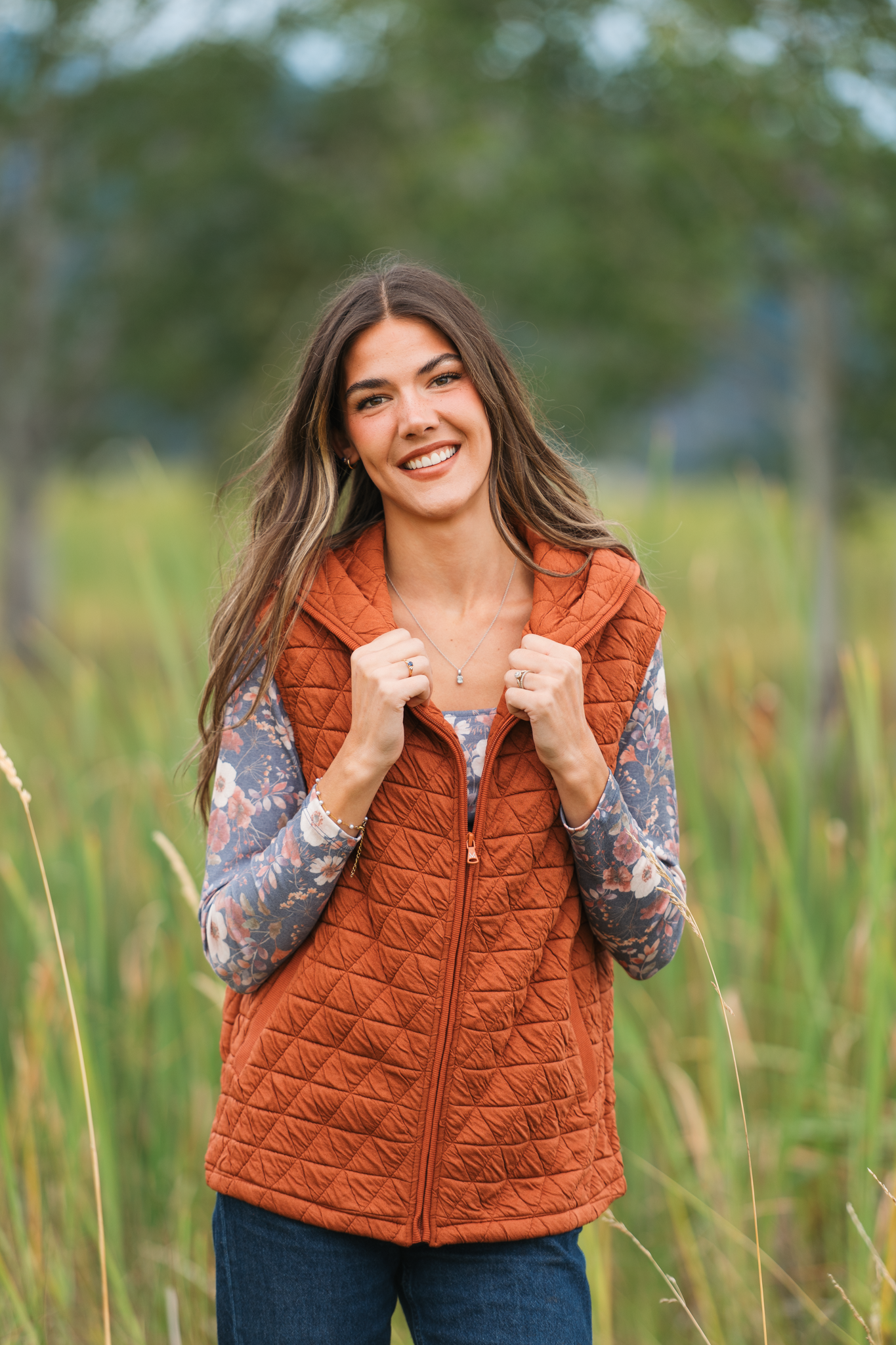 Heather Geometric Hooded Vest - Rust