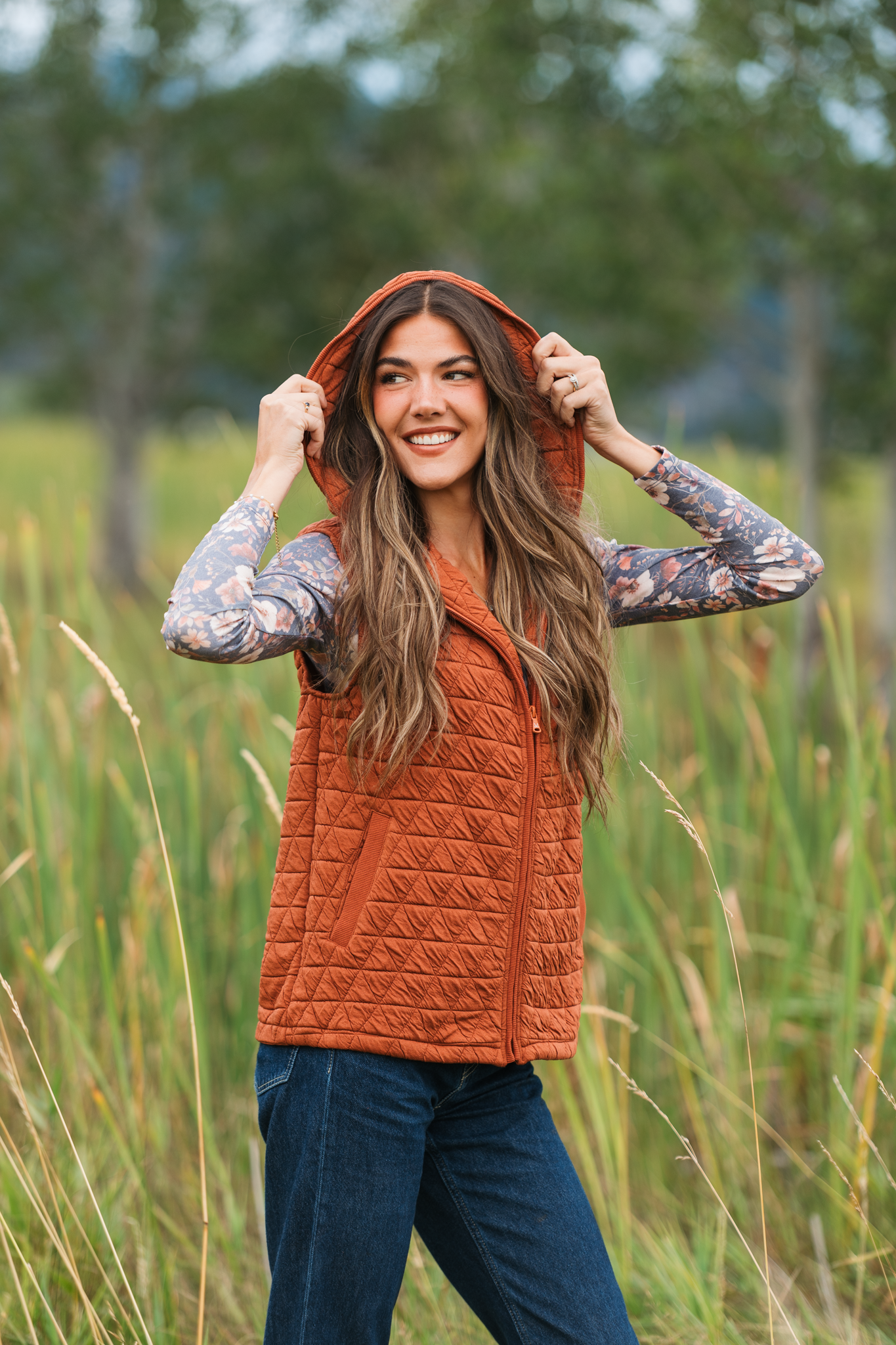 Heather Geometric Hooded Vest - Rust