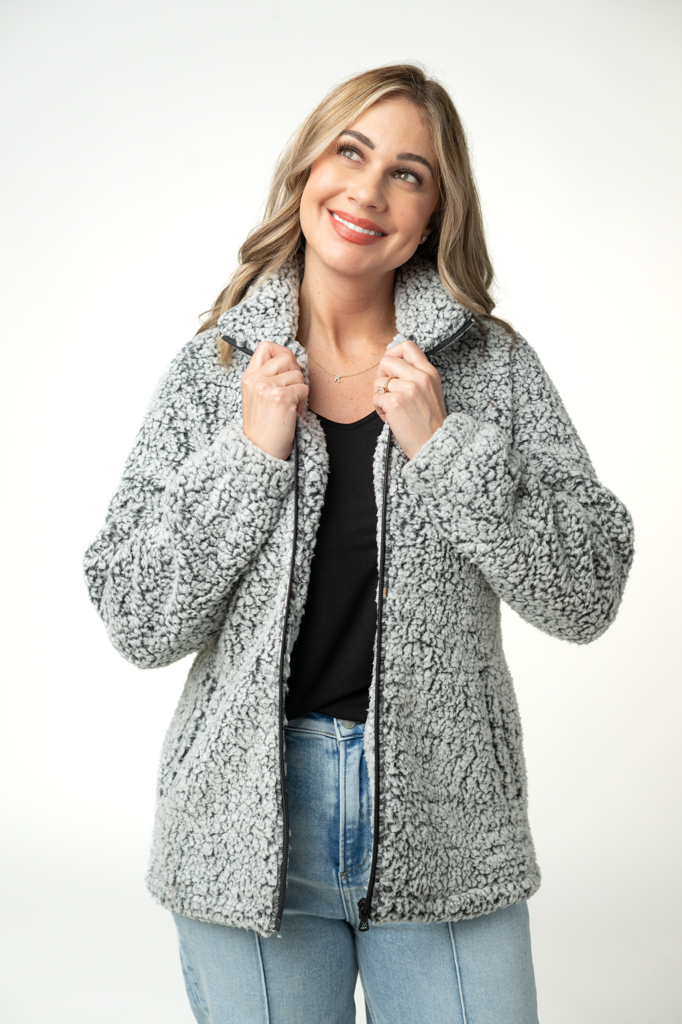 Two Tone Fullzip Sherpa - Charcoal and White
