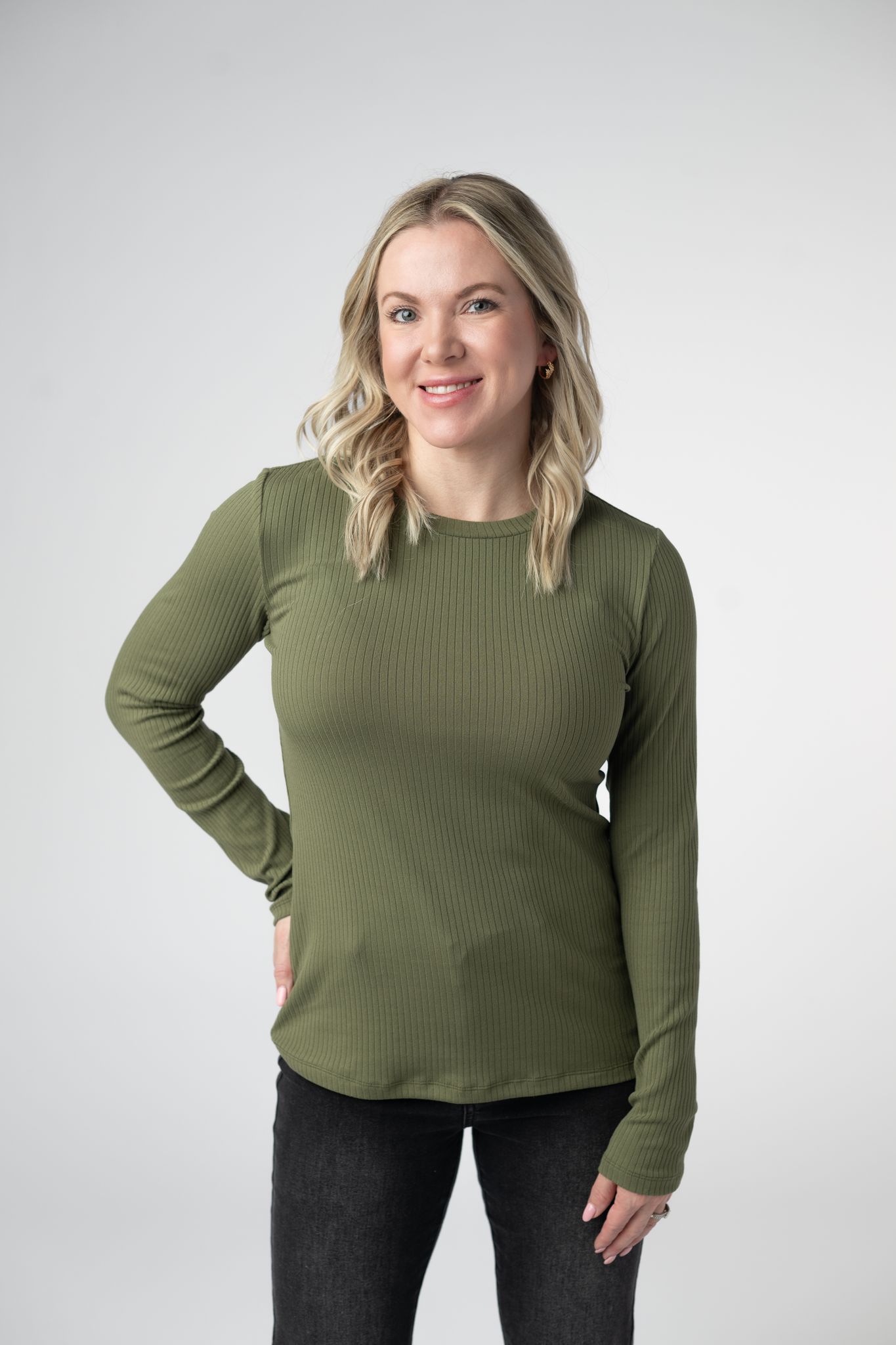 Reese Ribbed Long Sleeve Top - Oliv