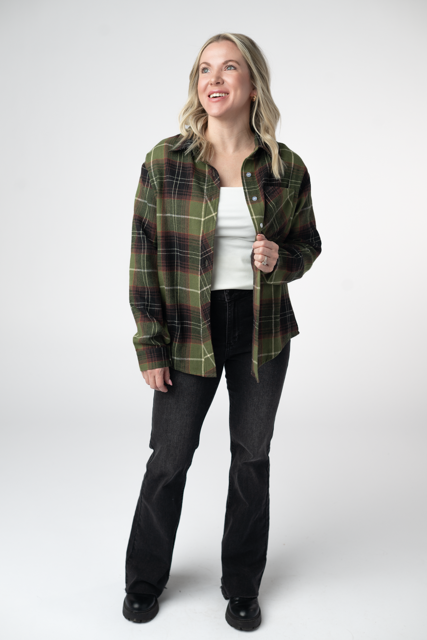 Finley Plaid Top - Olive and Brown