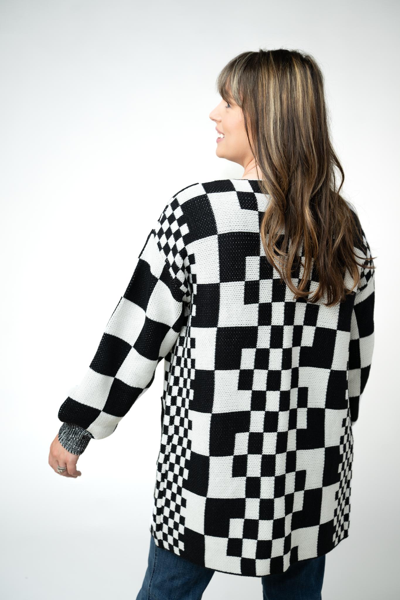 Long Checkered Pocket Cardigan - Black and White
