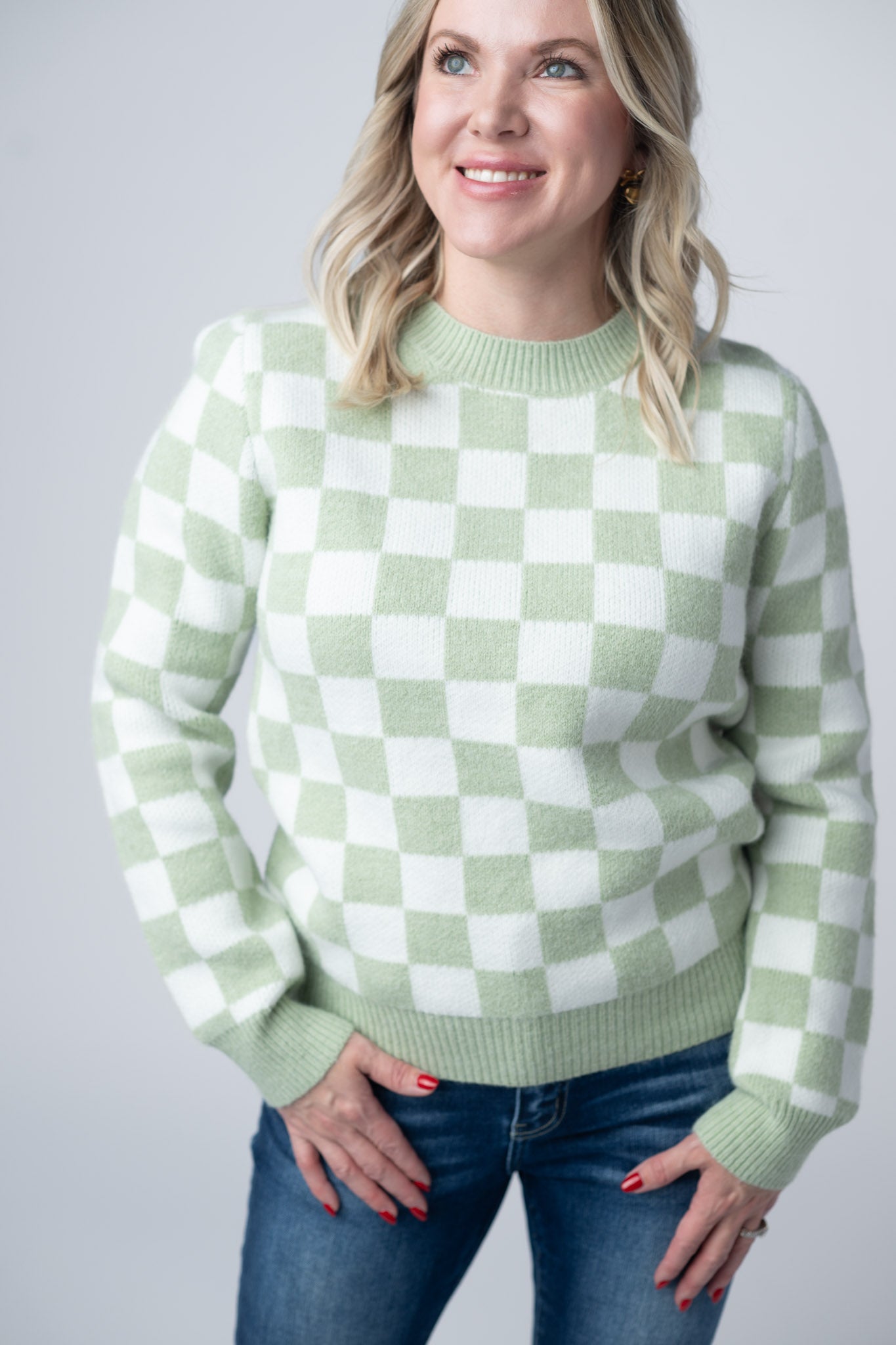 Checkered Sweater - Sage and White