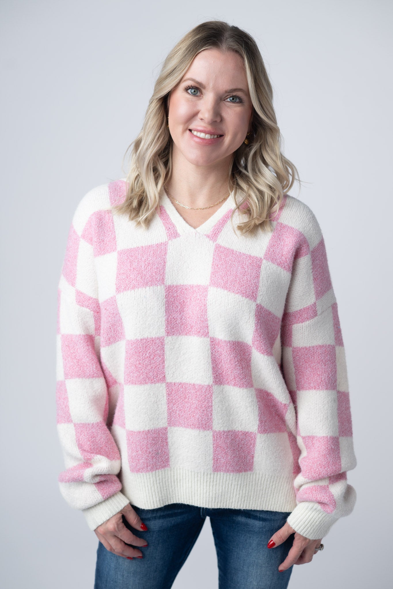 Checkered Hoodie - Pink and White