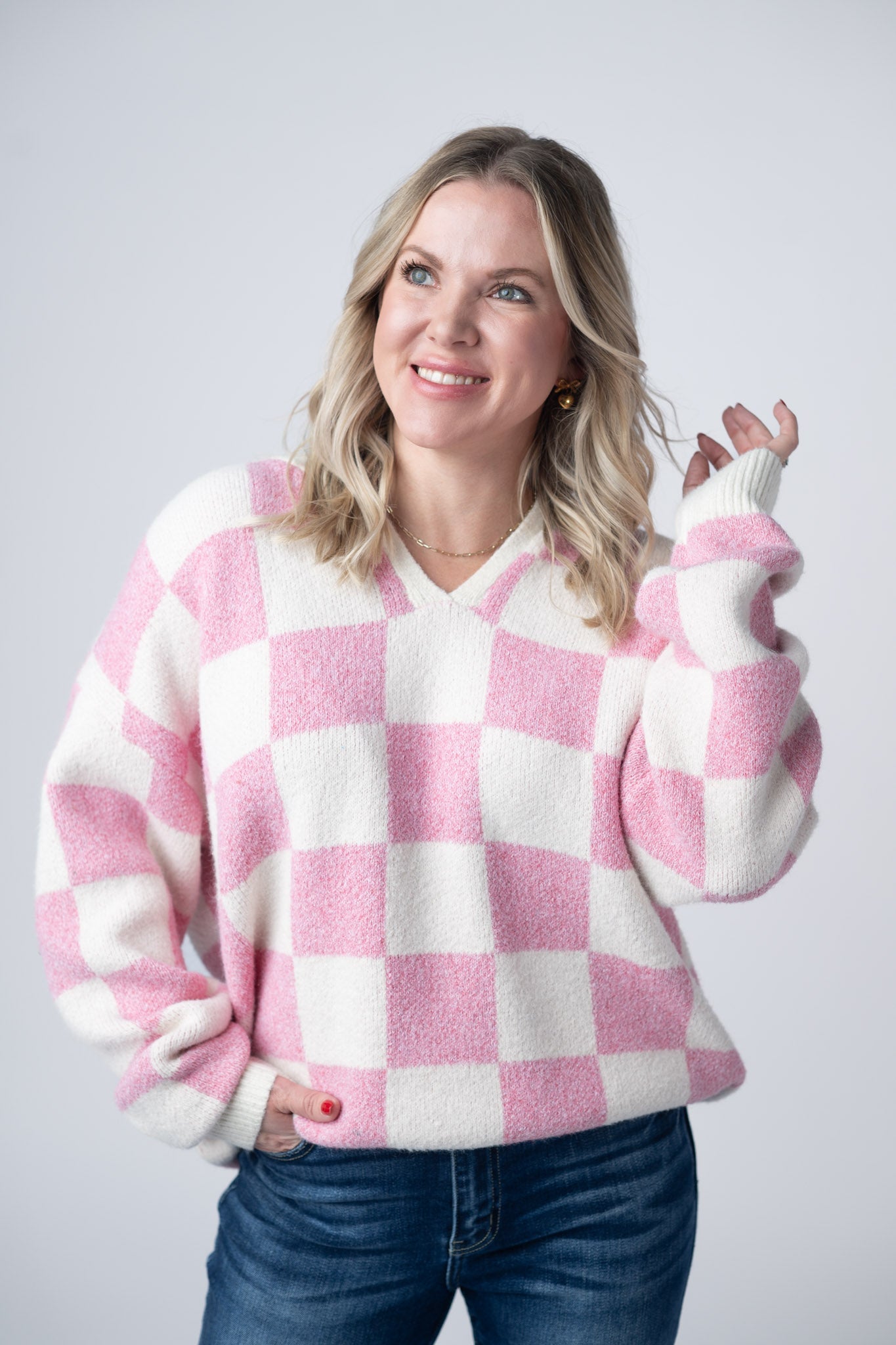 Checkered Hoodie - Pink and White