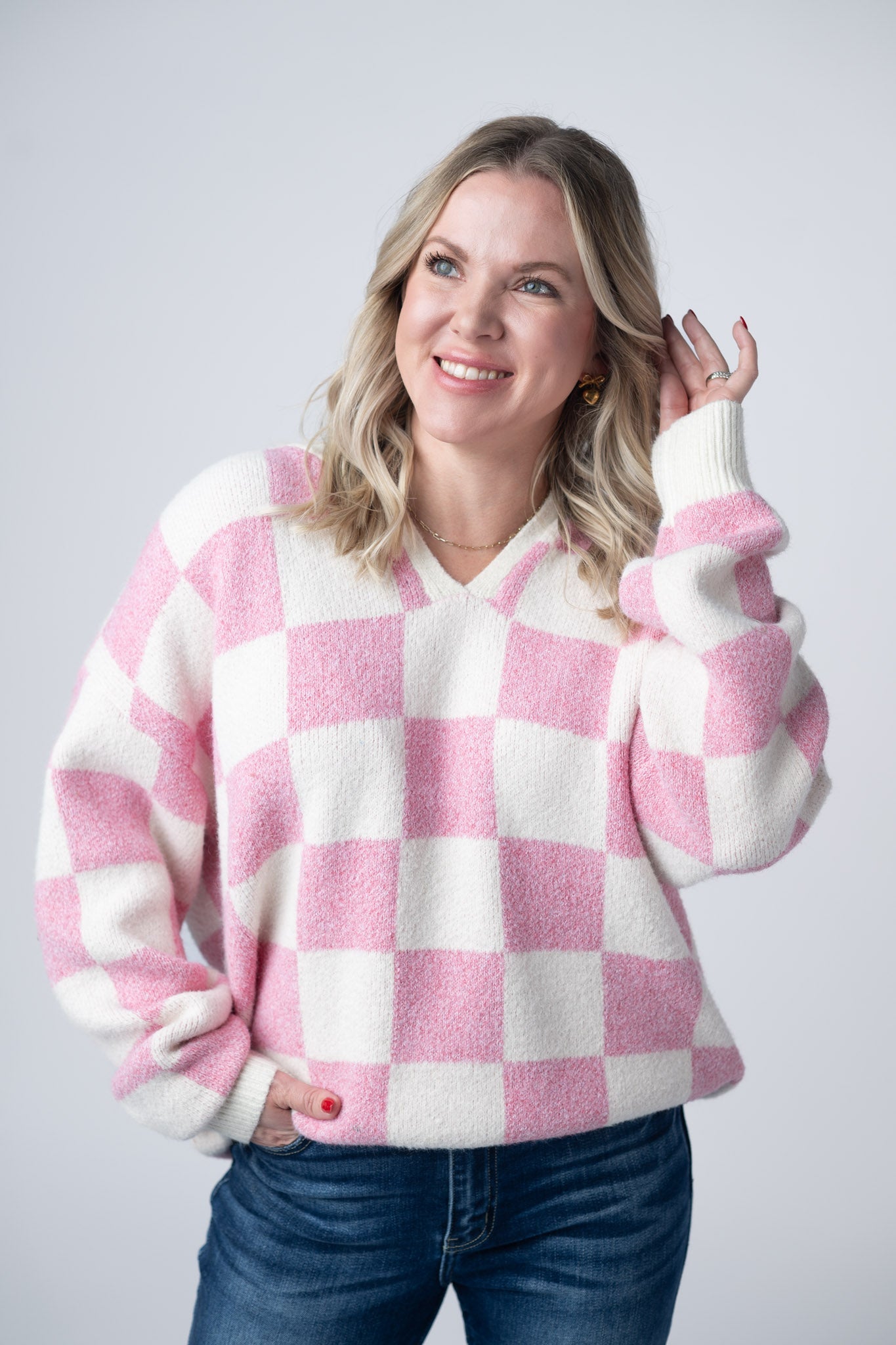 Checkered Hoodie - Pink and White