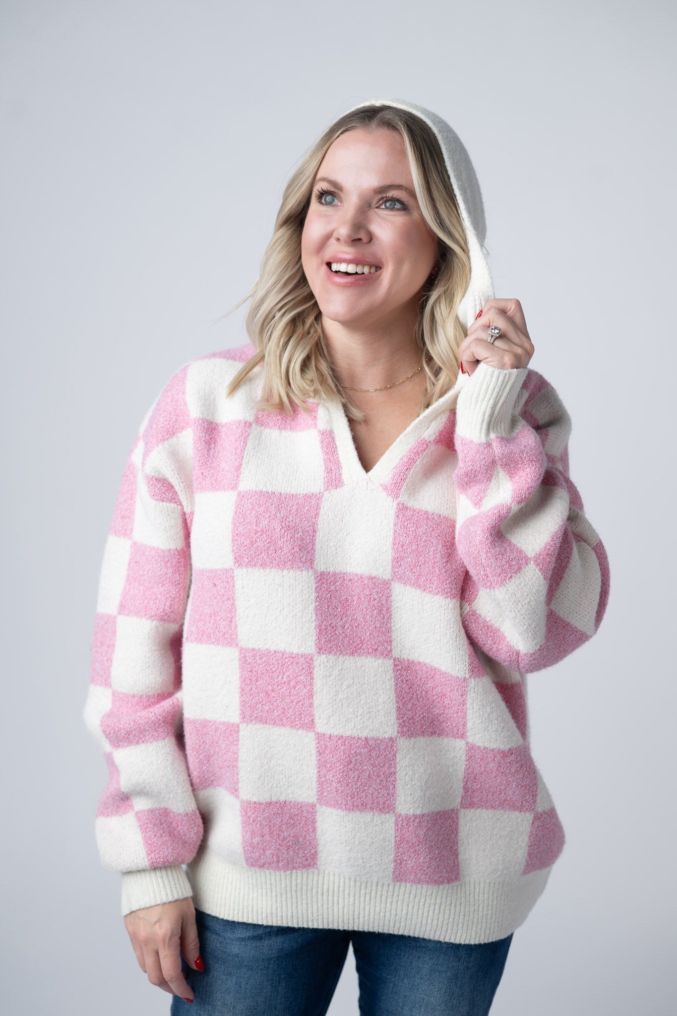 Checkered Hoodie - Pink and White