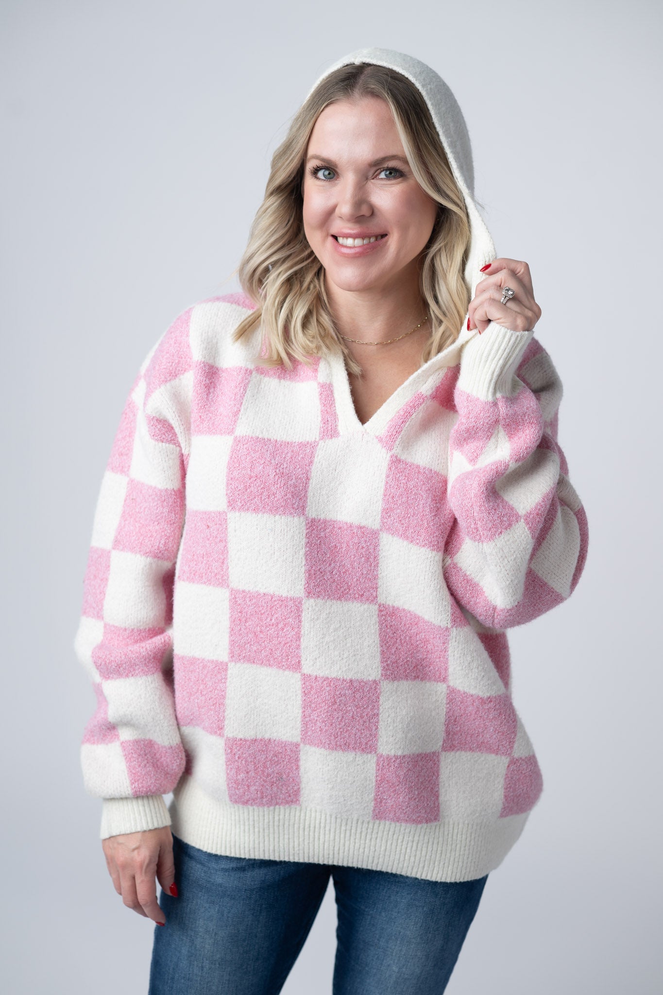 Checkered Hoodie - Pink and White