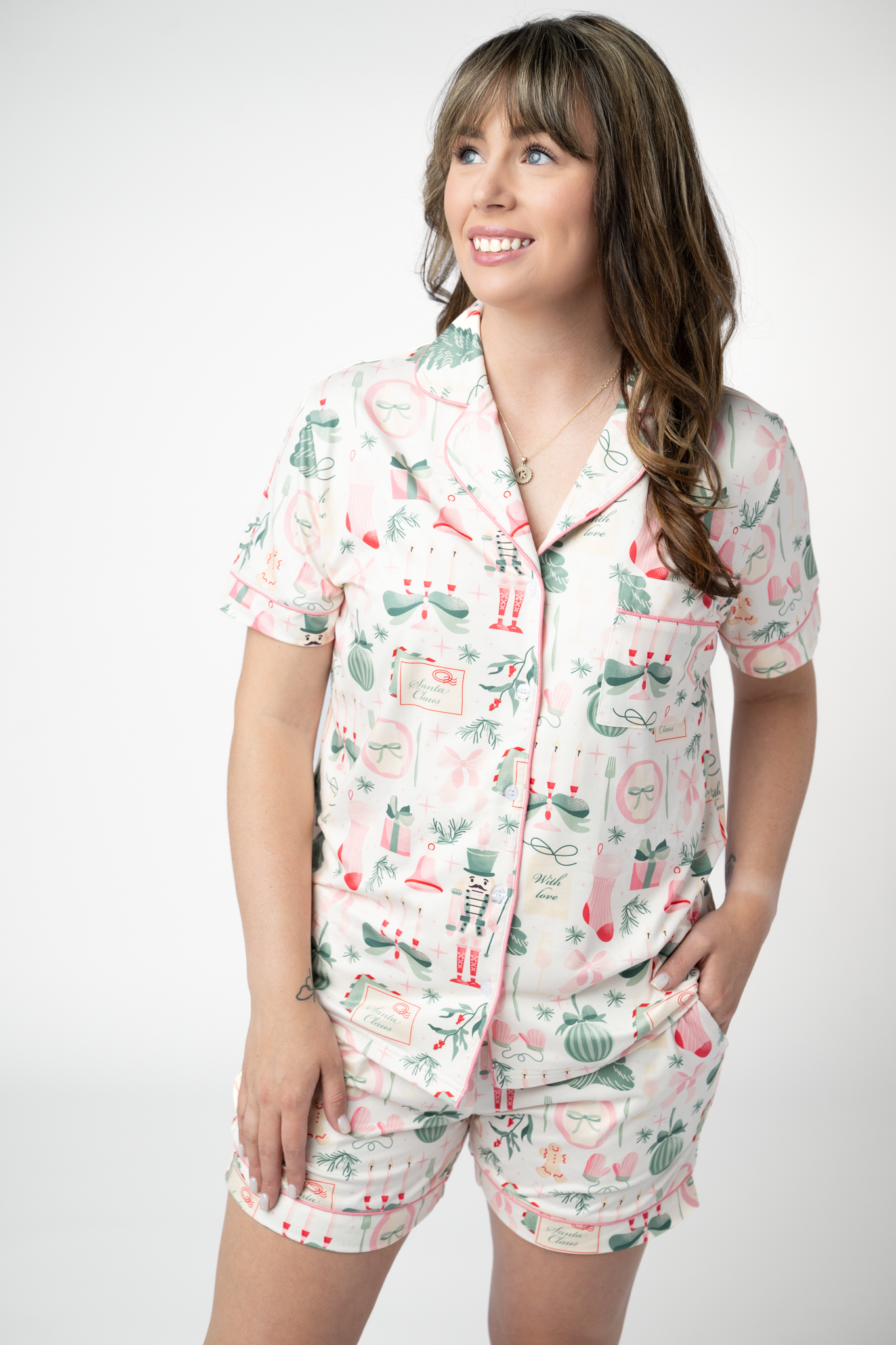 Brooke Top and Shorts Pajama Set - Pink Pine Noel