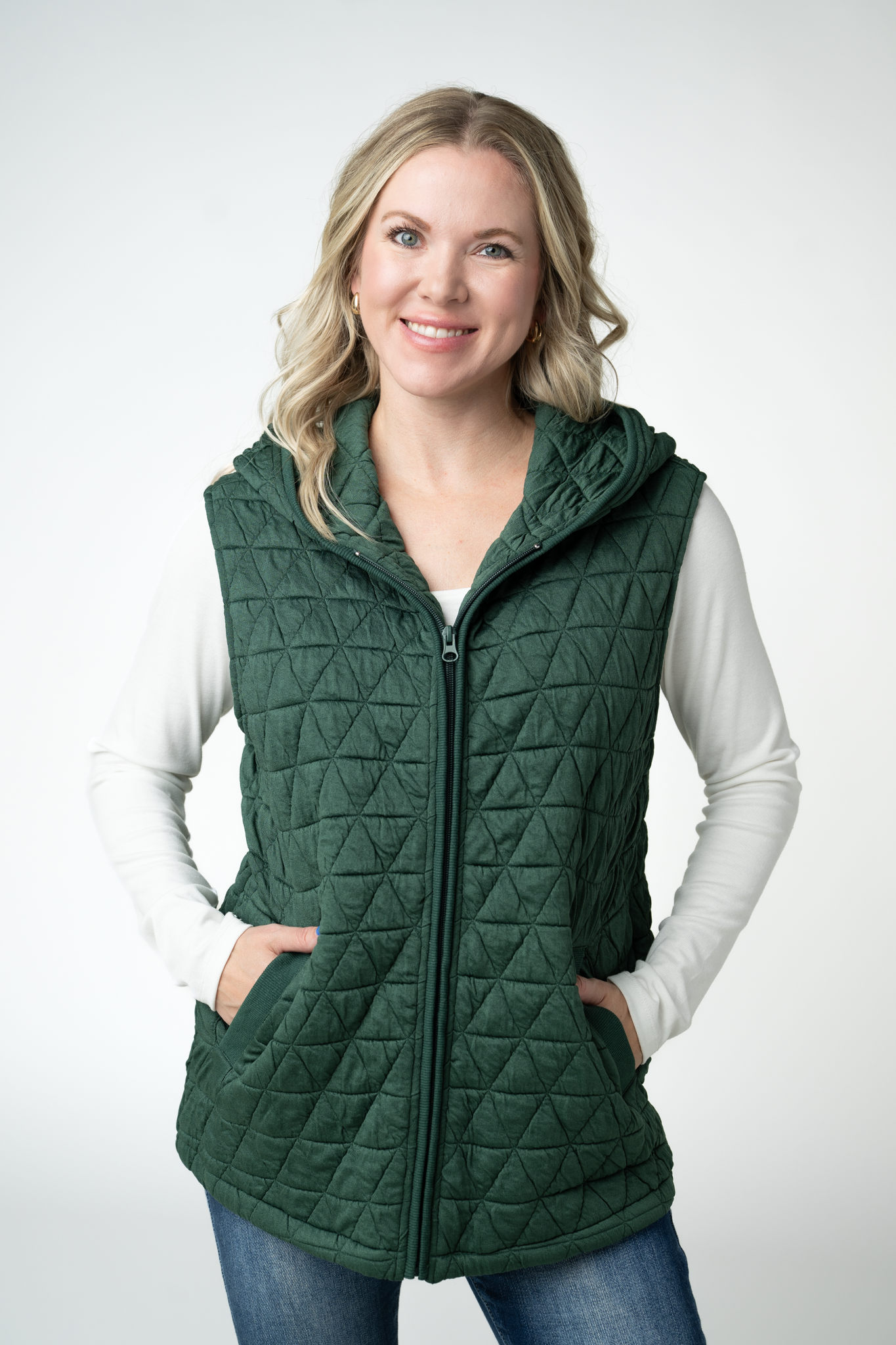 Heather Geometric Hooded Vest - Forest Green