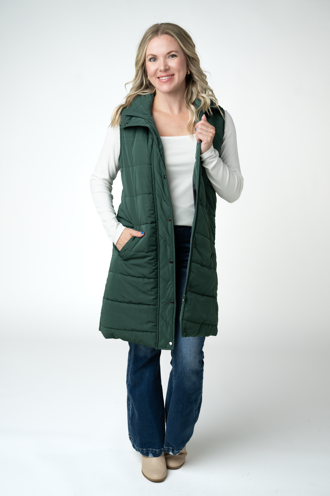Harlow Long Vest - Evergreen
