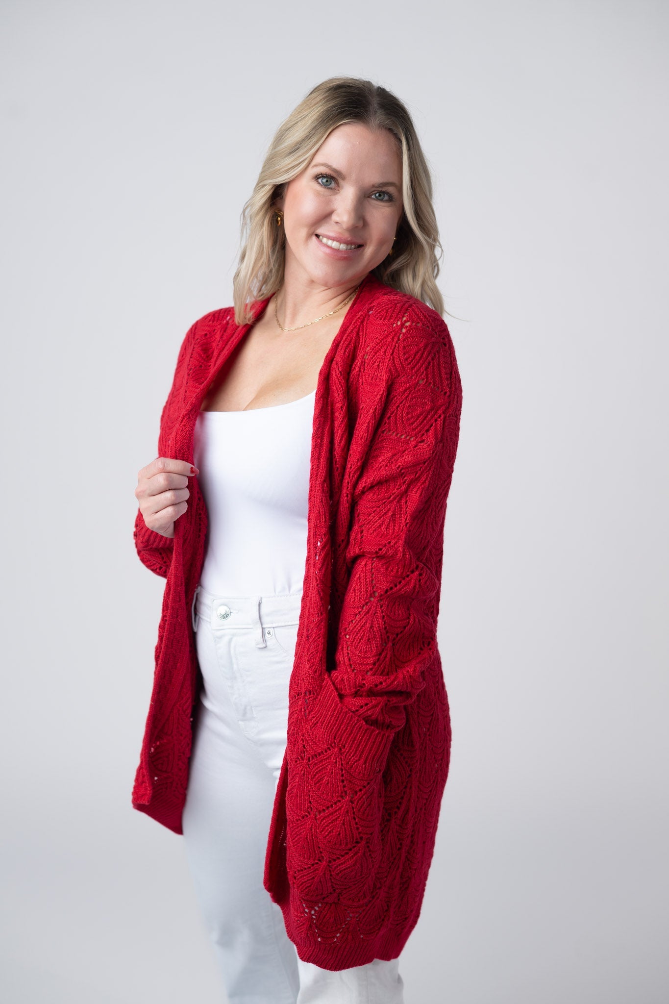 Open Knit Cardigan - Red