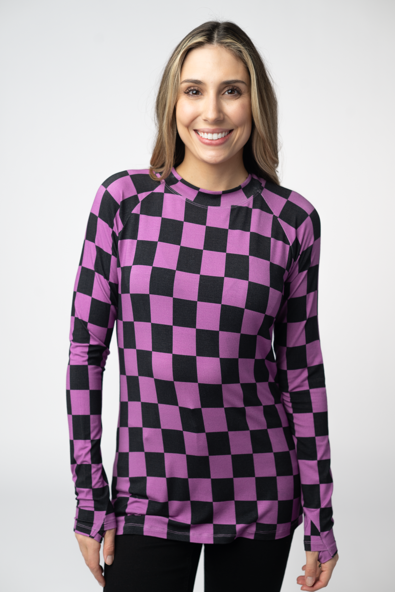 Blair Long Sleeve Top - Black and Purple Checkers
