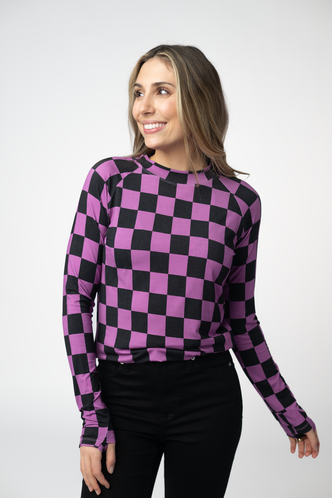 Blair Long Sleeve Top - Black and Purple Checkers