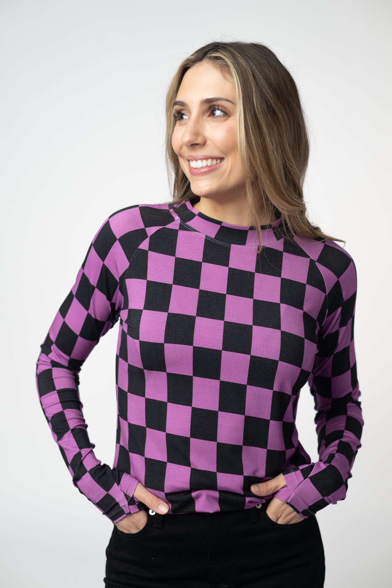 Blair Long Sleeve Top - Black and Purple Checkers