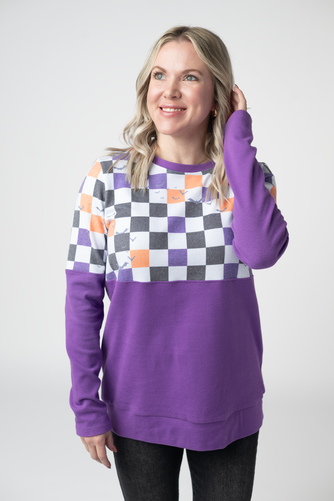 Natalie Pullover - Checkered Bats and Purple
