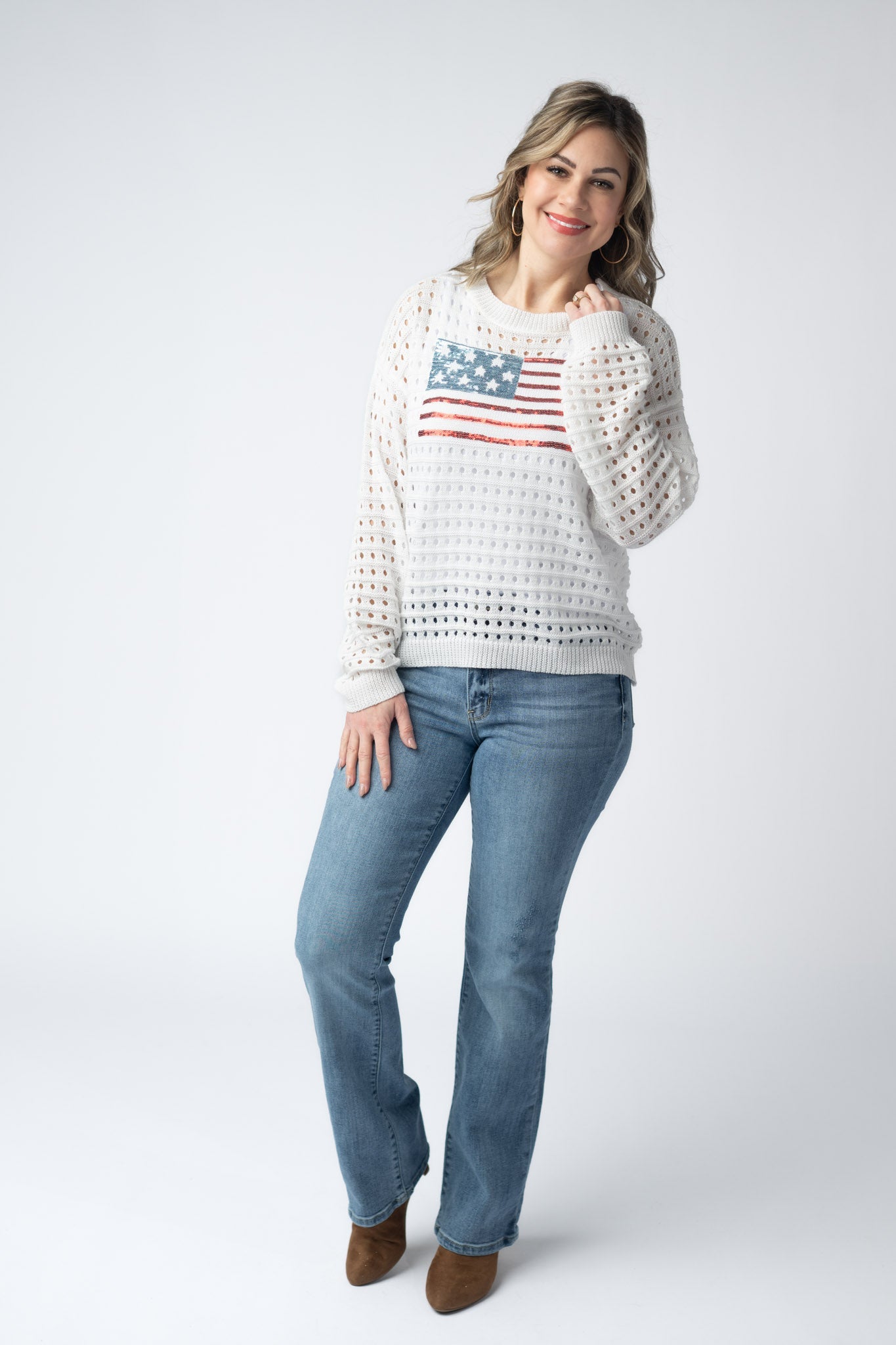 USA Sequin Flag Open Knit Pullover