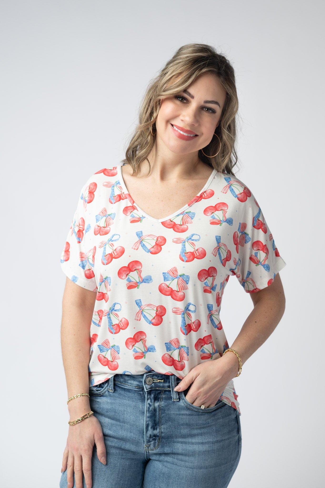 Chloe Cozy Top - Patriotic Cherries